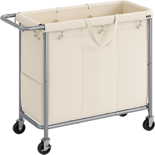 Laundry Basket with Wheels, 3-Section Rolling Laundry Hamper, 52.8 Gallons (200L), Removable Liner, Steel Frame with Handle, Blanket Storage, 35.8 X 15.4 X 31.9 Inches, Cream White URLS005W01