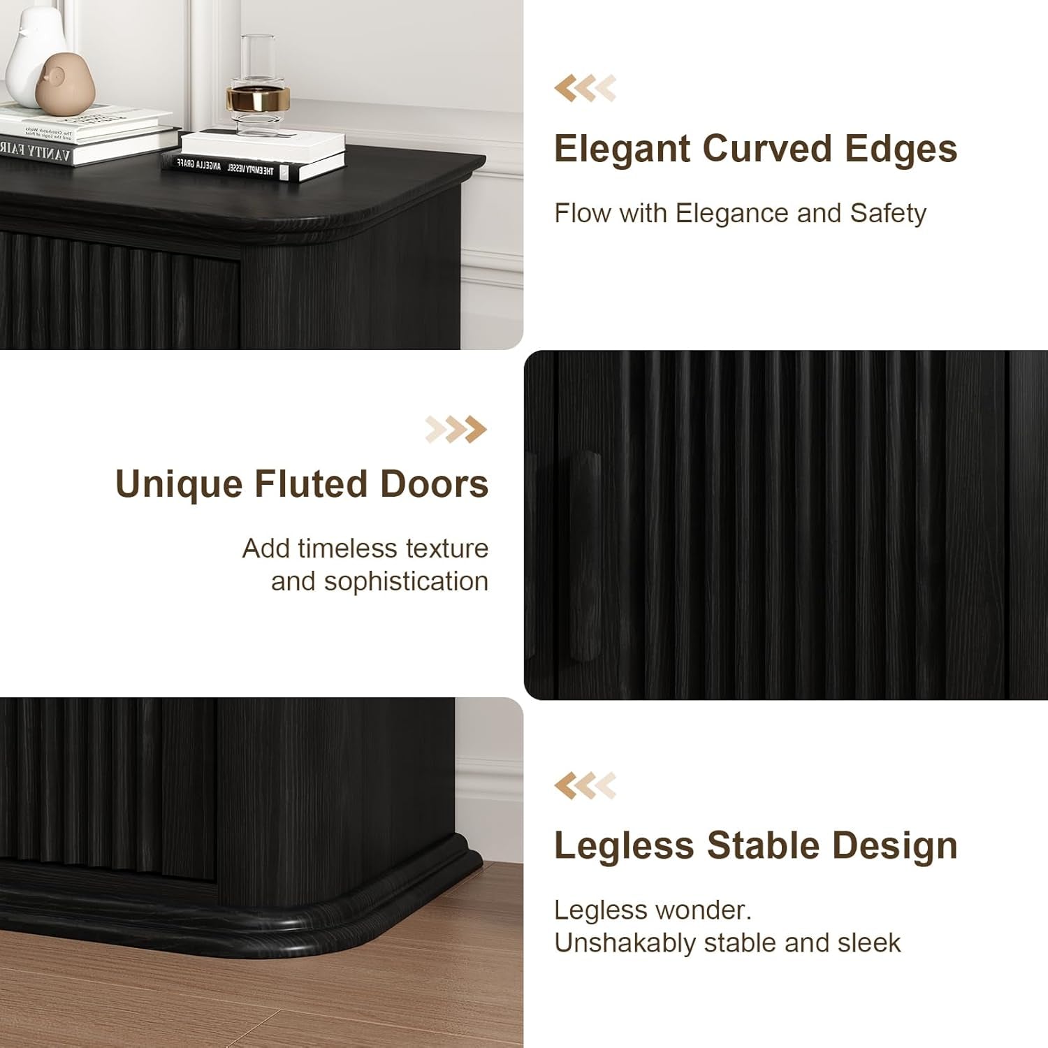 Fluted Sideboard Buffet Cabinet with Storage, 60" Modern Credenza with 4 Doors & Adjustable Shelves, Wood Coffee Bar Table for Living Room, Kitchen, Dining Room, Hallway, Black
