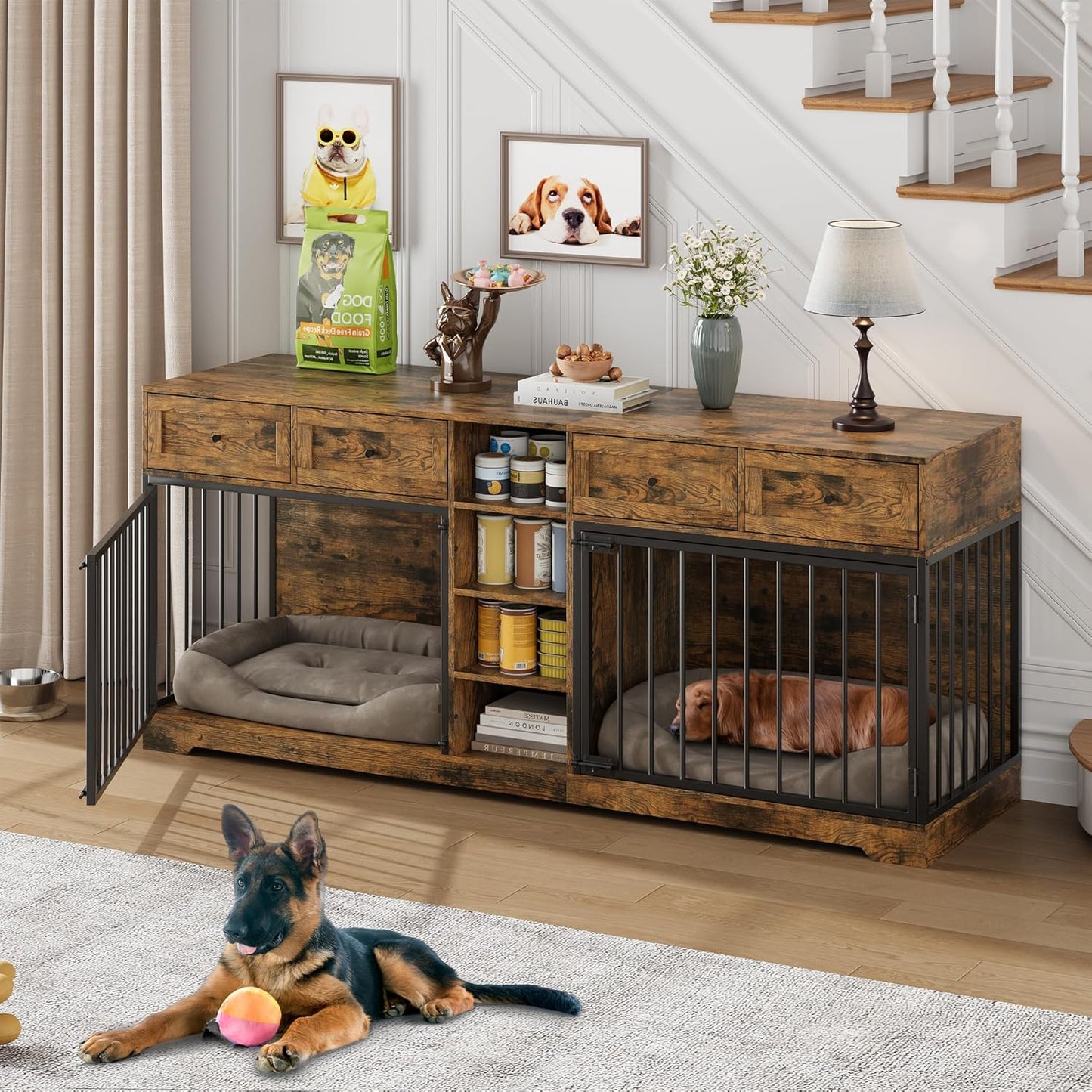 82” Large Dog Crate for 2 Dogs, Dog Kennel Indoor with 4 Drawers and Shelves, Double Dog Crate Furniture TV Stand, Wooden Dog Cage for Medium Large Dogs, Brown
