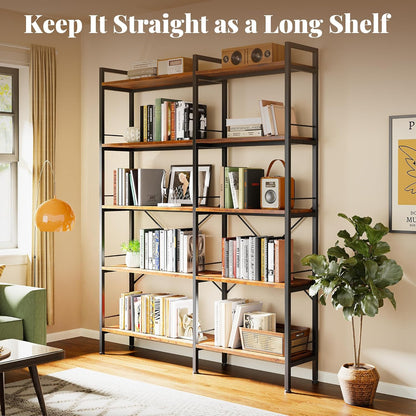 5 Tier Bookshelf, L Shaped Corner Bookshelf with 10 Open Shelves, 49.4 Inch Straight Wide Bookcase with Metal Frame and Wooden Board, Adjustable Feet, Rustic Brown