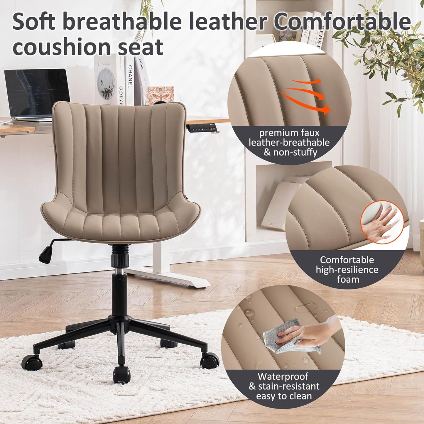 Khaki Leather Home Office Desk Chair with Wheels Modern Cute Armless Executive Swivel Vanity Chair with Comfy Padded Back Ergonomic Rolling Adjustable Computer Task Chair Small