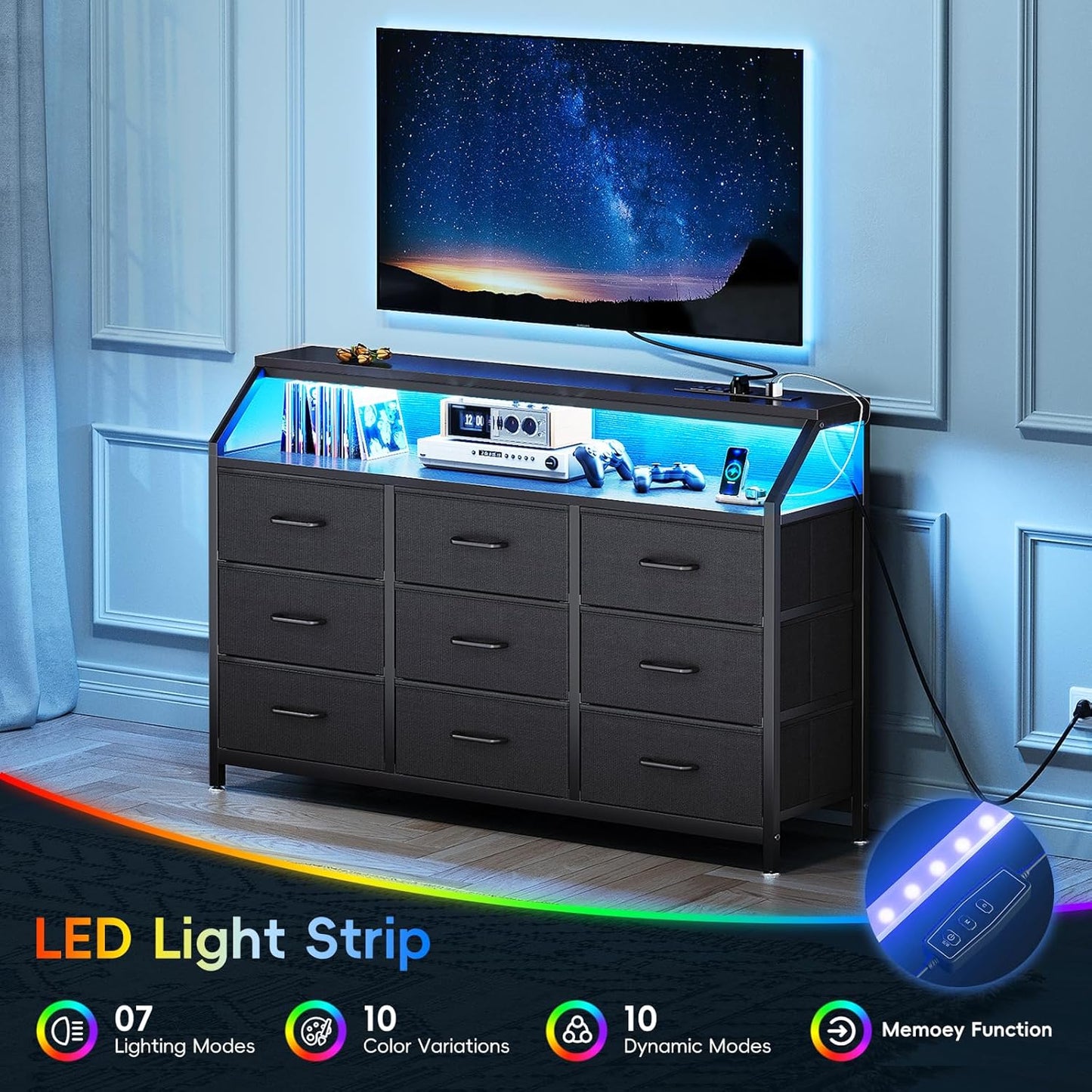 55" Wide 9-Drawer Dresser for Bedroom with LED Lights and Charging Station, Fabric Dressers & Storage Chest of Drawers with Shelves for Closet, Black