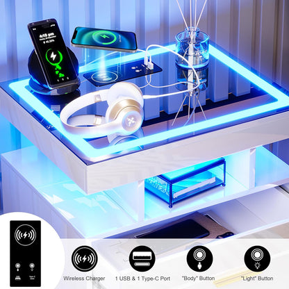 Auto LED Nightstand Set of 2, White Night Stand with Charging Station & USB Ports, High Gloss Bedside Table Has 2 Drawers,Modern End Side Table for Bedroom (White)