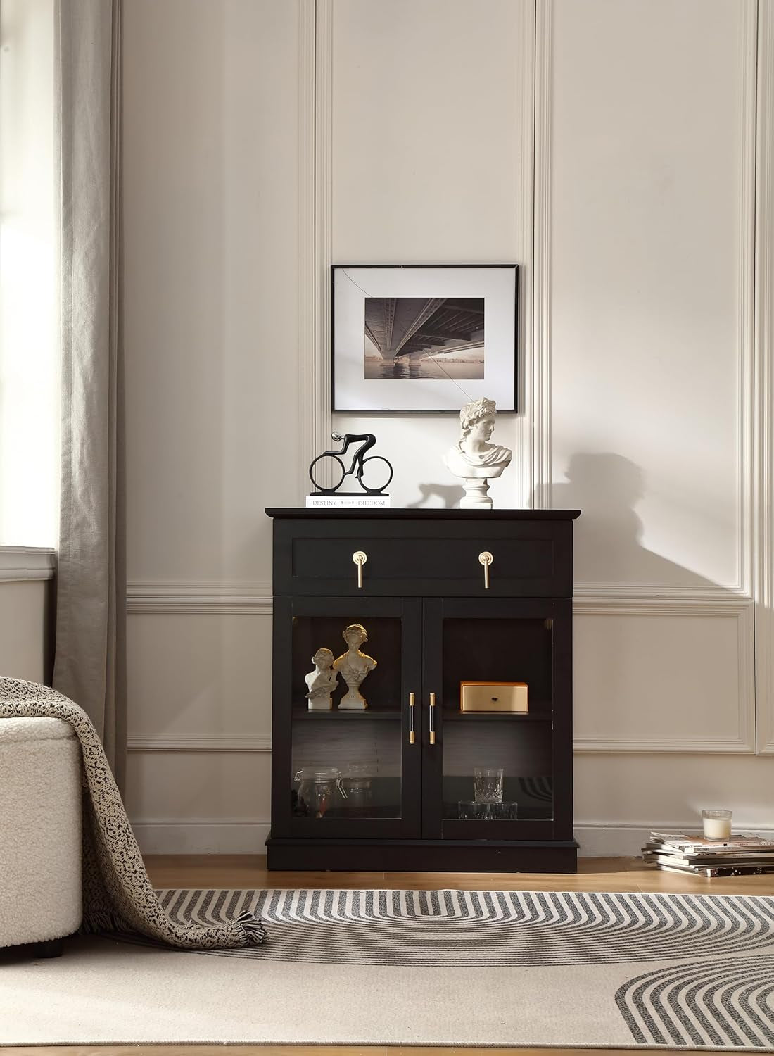 31.5'' Accent Small Buffet Cabinet with Storage, Buffet Sideboard with Two Glass Doors and a Drawer,Small Coffee Bar Cabinet with Adjustable Shelf,For Kitchen and Entryway,Black