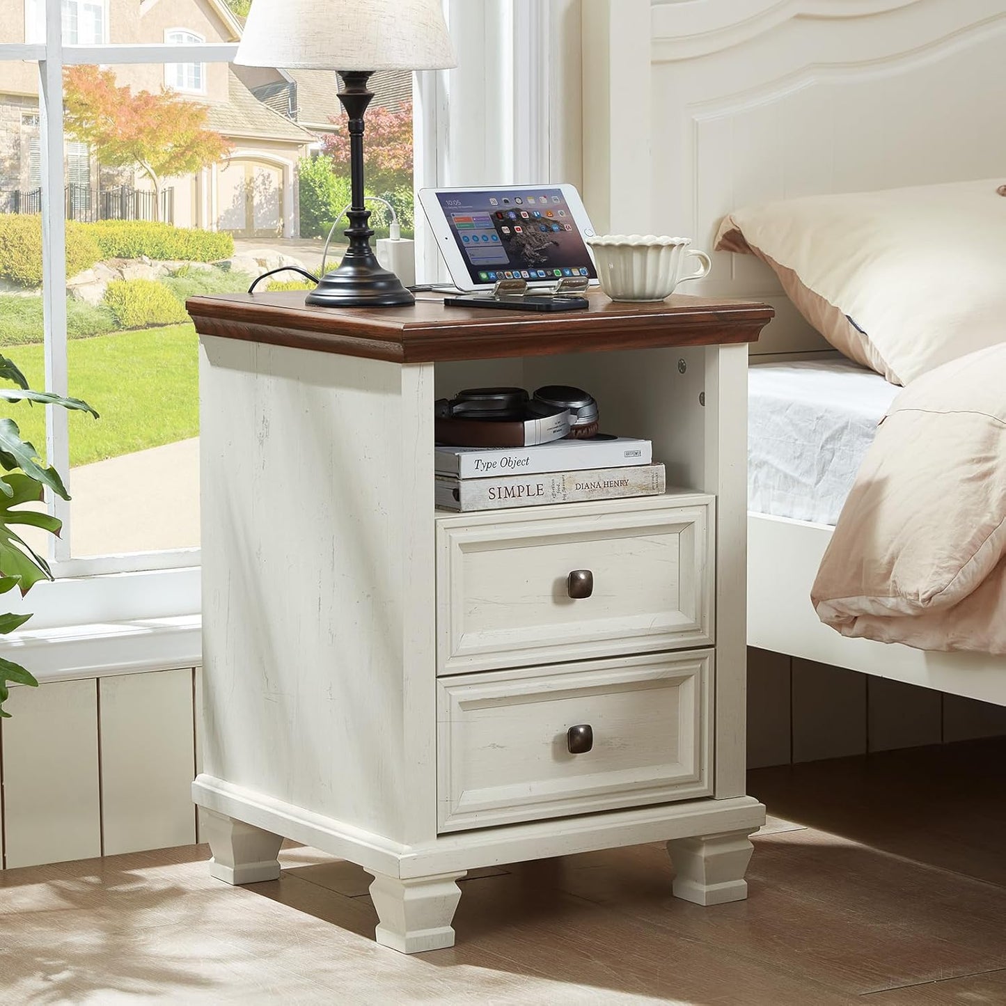 Farmhouse Nightstand Set of 2 with Charging Station, Rustic White Nightstand,2 Drawers End Table for Living Room,Bedside Table with Open Shelf for Bed Room,White