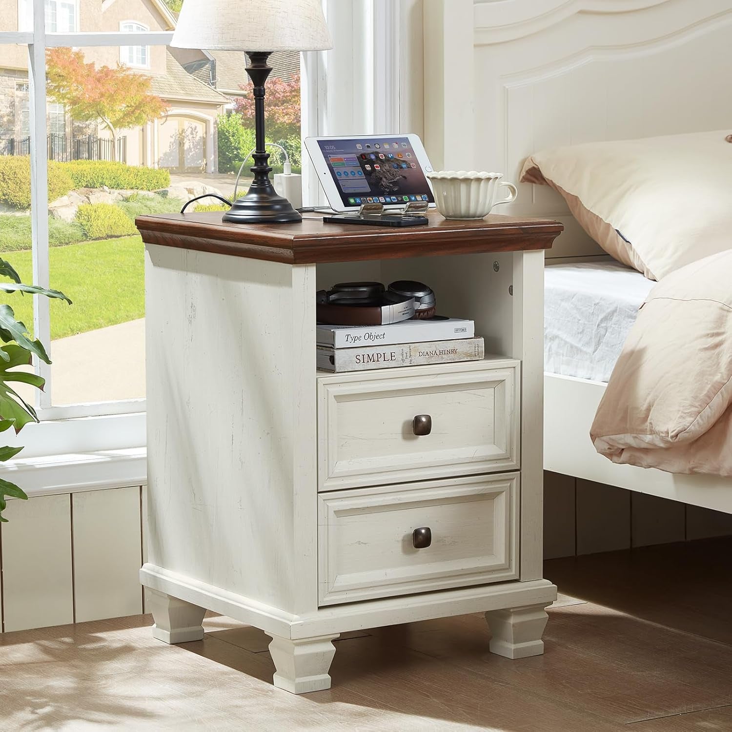 Farmhouse Nightstand Set of 2 with Charging Station, Rustic White Nightstand,2 Drawers End Table for Living Room,Bedside Table with Open Shelf for Bed Room,White