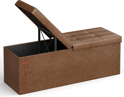MAZIE Collection - 43 Inches Storage Ottoman Bench with Flipping Lid, Storage Chest with Iron Frame Support, Load 660 Lb, for Living Room, Bedroom, Synthetic Leather, Coffee Brown ULSF075K01
