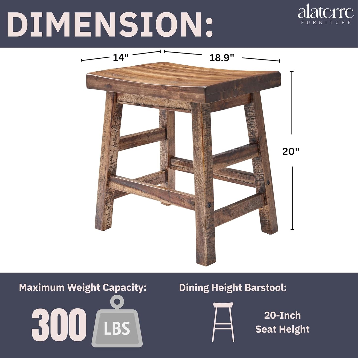 Durango 20-Inch Tall Industrial Wood Dining Stool - Table or Extra Seat - Unique Rustic Industrial Style and Comfort - Farmhouse, Solid Wood Furniture