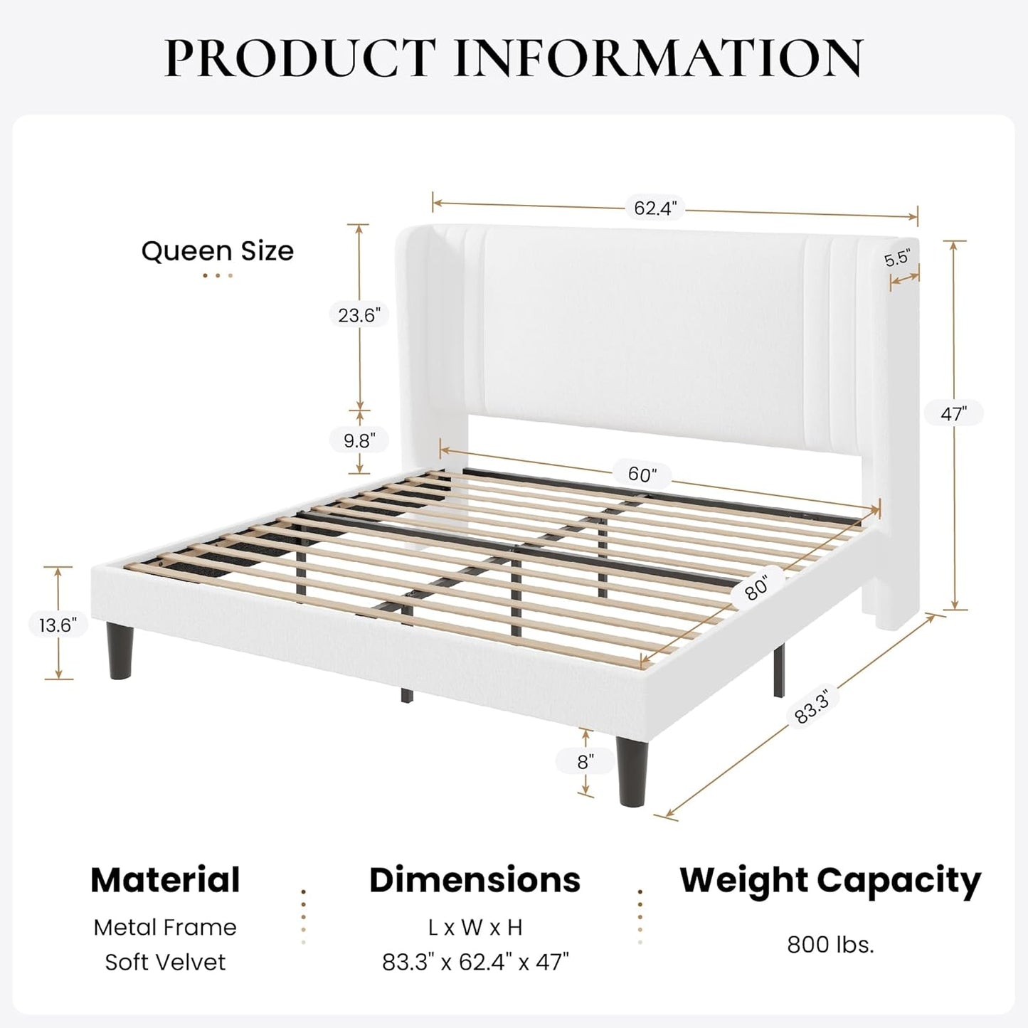Queen Size Velvet Upholstered Platform Bed Frame with Vertical Channel Tufted Wingback Headboard, Wooden Slats Support, Easy Assembly, under Bed Storage, No Box Spring Required, White