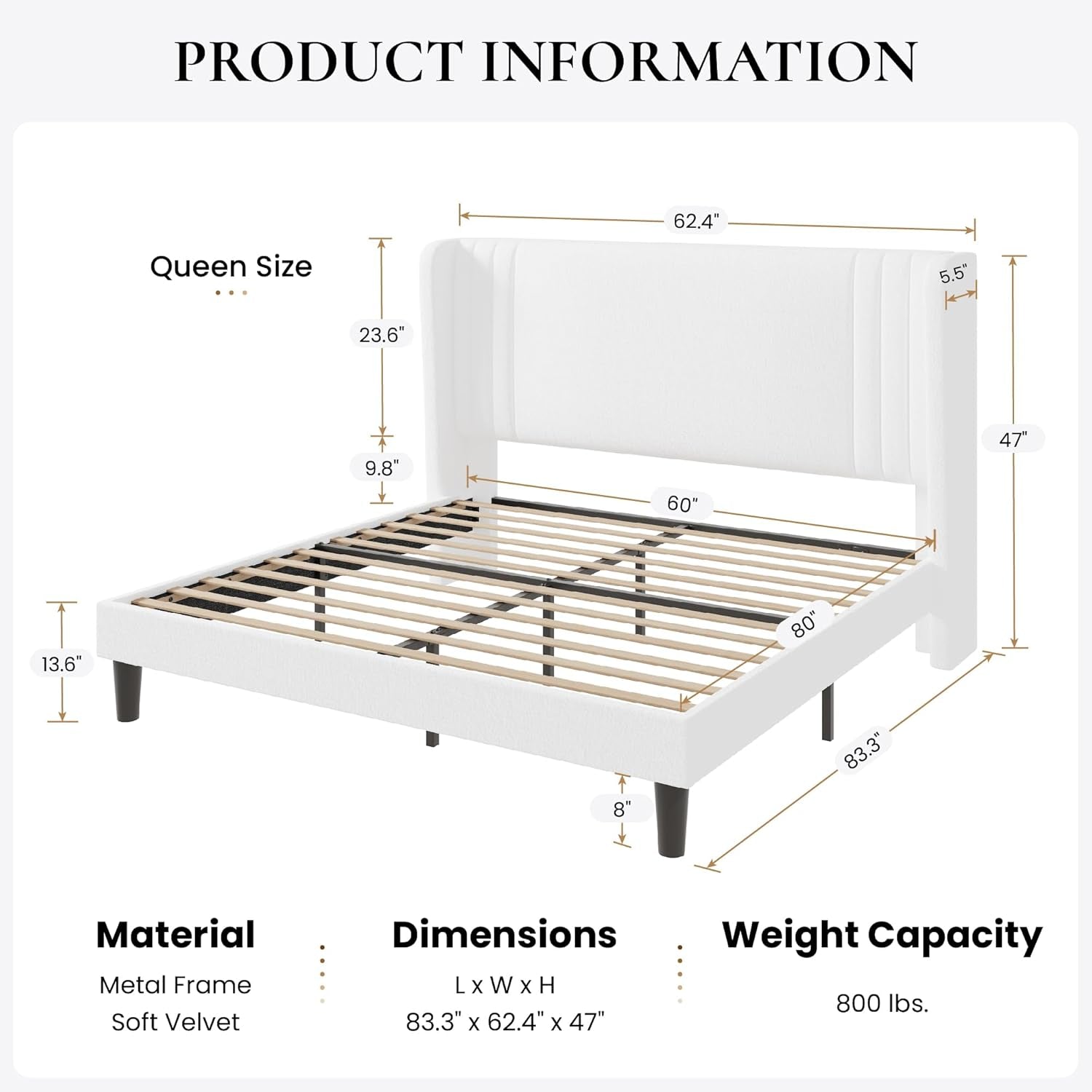 Queen Size Velvet Upholstered Platform Bed Frame with Vertical Channel Tufted Wingback Headboard, Wooden Slats Support, Easy Assembly, under Bed Storage, No Box Spring Required, White