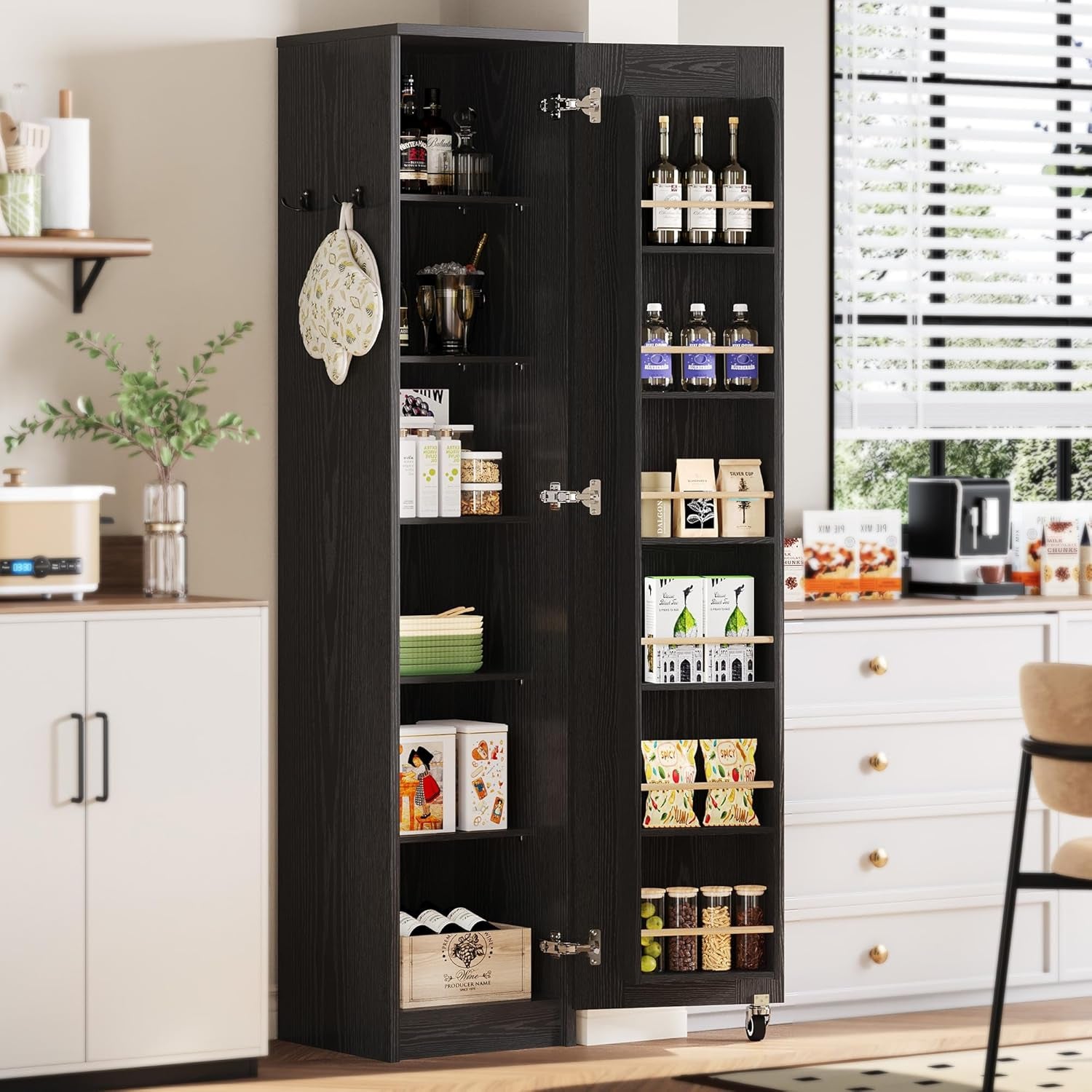 Narrow Kitchen Pantry Storage Cabinet, 72" Slim Single Door with 6 Adjustable Shelves, Door Rack and Wheels, Space Saving Freestanding Storage Floor Cabinet for Small Place, Black