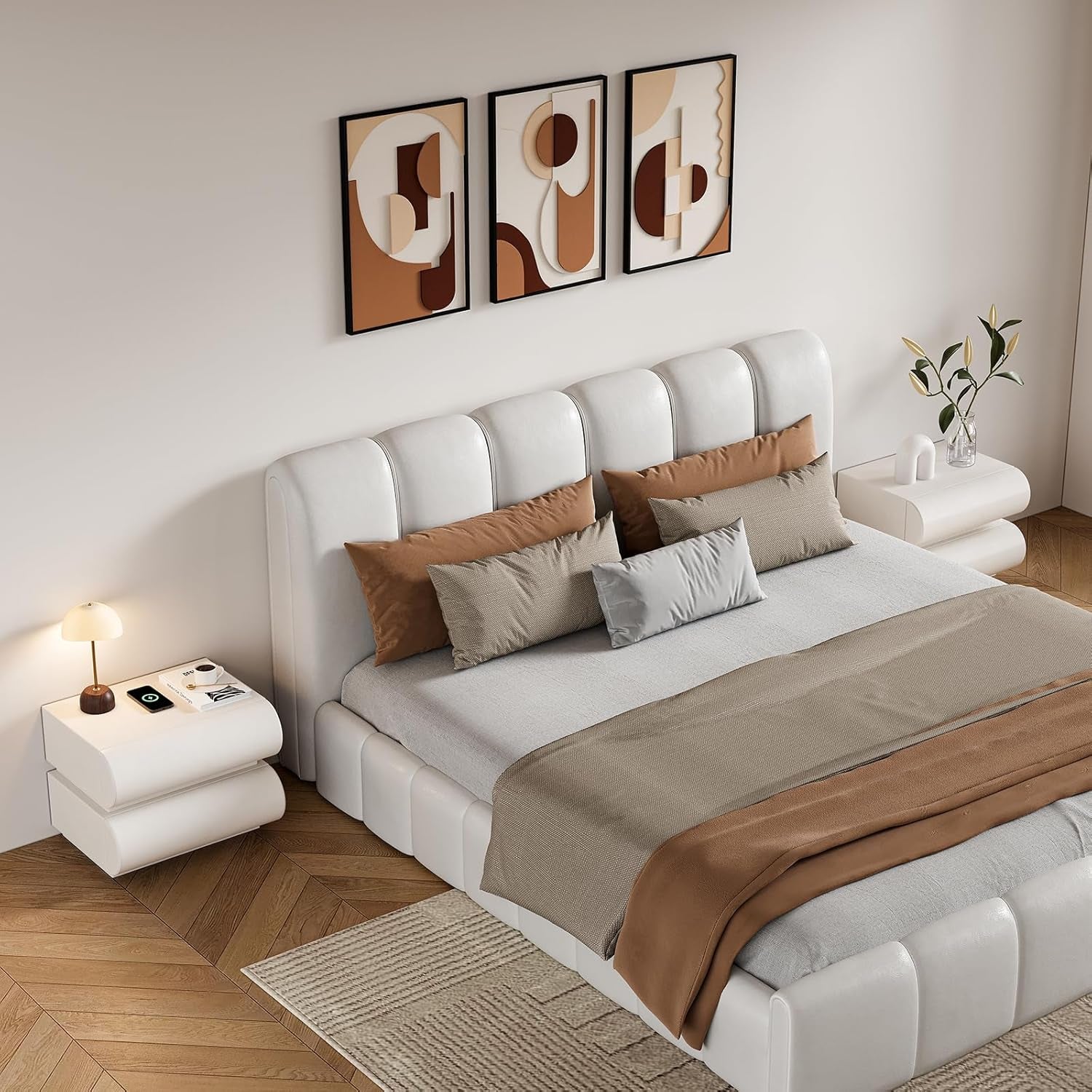Smart Nightstand with Wireless Charging, USB & Type-C Ports – Modern White Leather Night Stand with 2 Drawers, Bedside Table for Bedroom