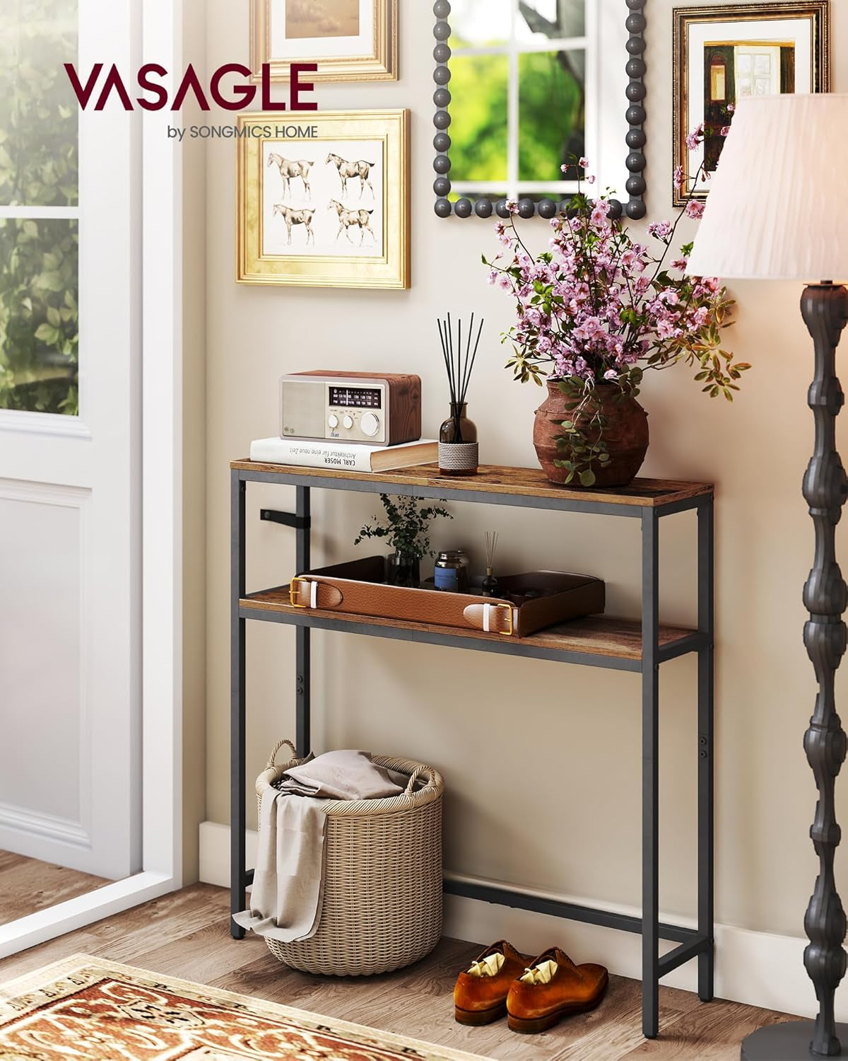 Console Table, 2-Tier Narrow Sofa Table with 2 Shelves, 7.9 X 31.5 X 31.5 Inches, for Living Room, Hallway, Entryway, Rustic Brown and Ink Black ULNT130K01V1