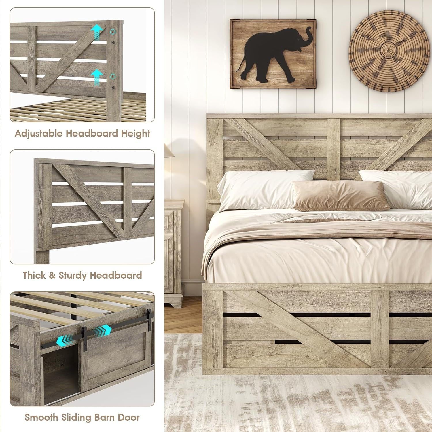 Farmhouse Full Size Wood Bed Frame with Sliding Barn Door Storage Cabinets, Rustic Platform Bed Frame with Adjustable Headboard, Sturdy Wood & Metal Frame, No Box Spring Needed, Noisy-Free