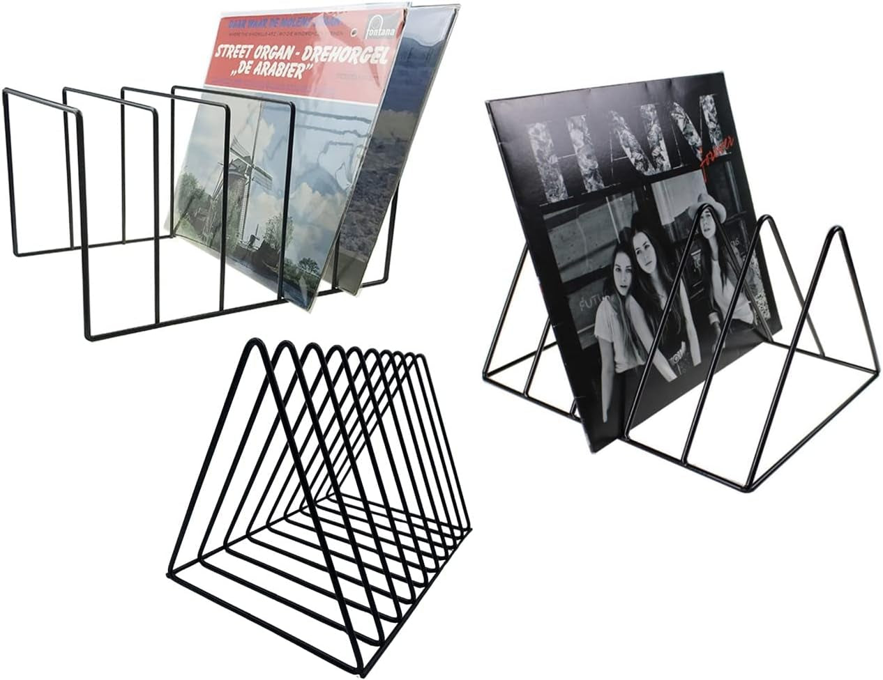 Vinyl Record Storage Holder Stand - Premium Triangle Metal Wire Magazine Rack and Book Holder Holds up to 33 Lp Album Records, Functional and Contemporary Vinyl Record Rack Organizer (Black)