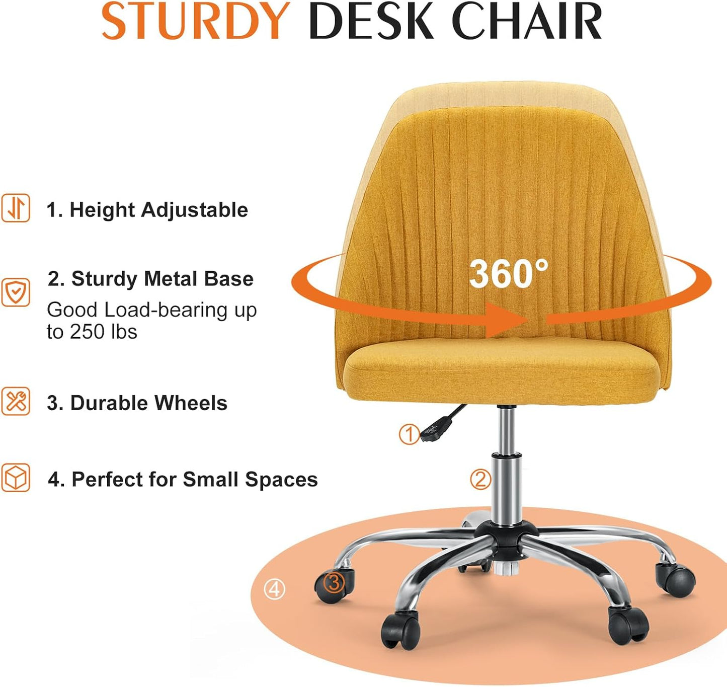 Armless Office Chair, Modern Fabric Home Office Desk Chairs with Wheels Adjustable Swivel Task Computer Vanity Seat for Small Spaces，Ginger Yellow
