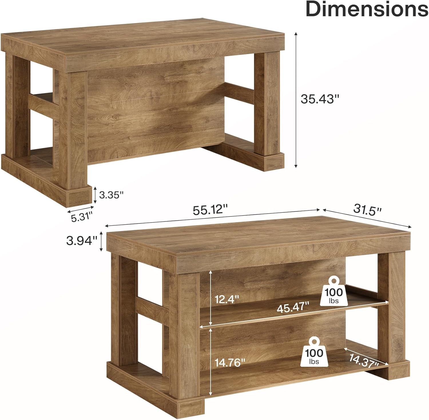 Tribesigns 55" Kitchen Island with Seating and Storage, 3-Tier Farmhouse Wood Stationary Island Table with Large Worktop & Leg Room, Coffee Bar Table with Storage Shelves for Kitchen, Natural Brown
