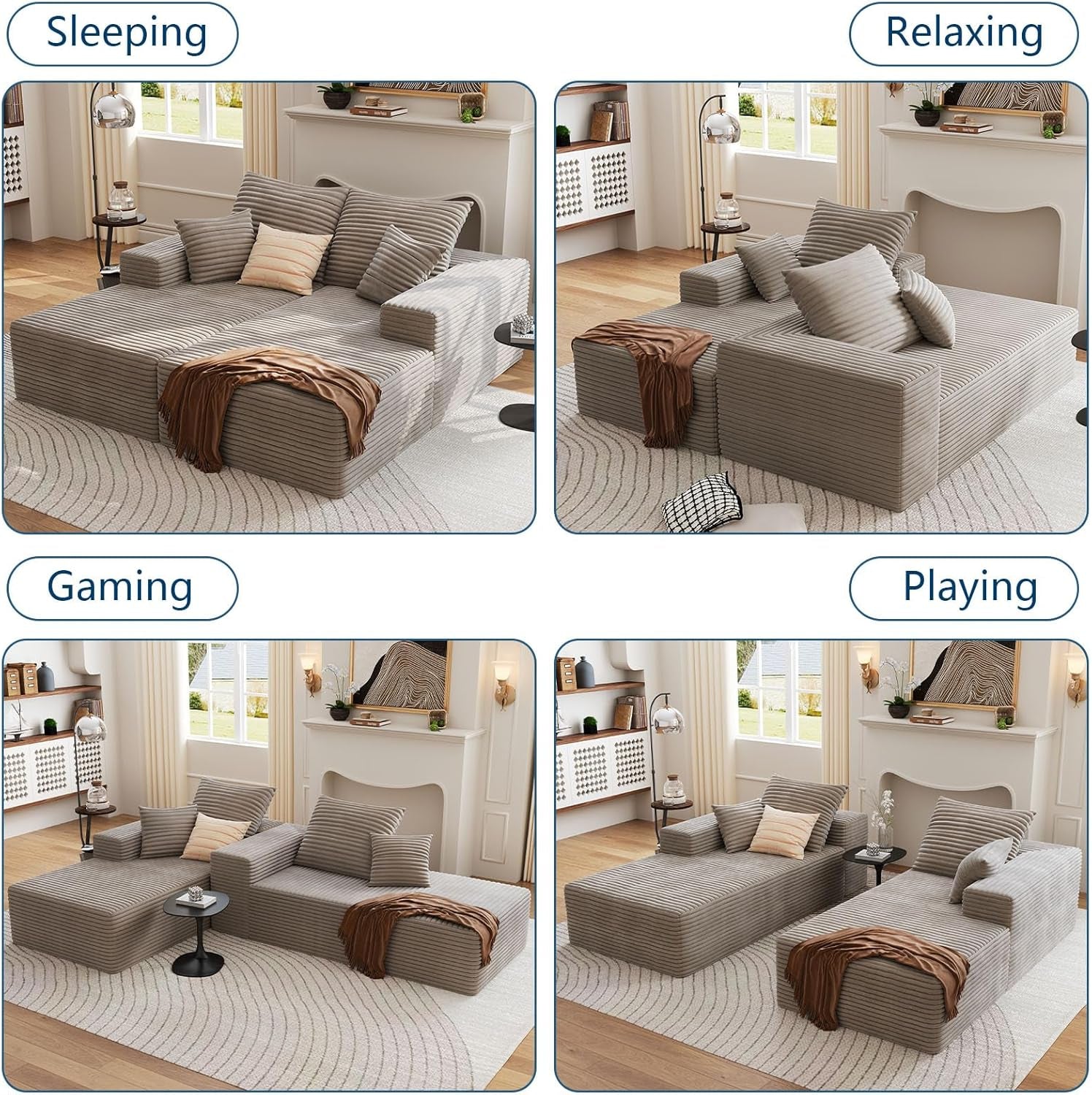 75" Oversized Double Chaise Lounges Indoor, Upholstered Corduroy Oversized Chaise Lounge Chair, Modern Sleeper Loveseat Chair Boneless Cloud Couch for Living Room Bedroom Reading (Camel)