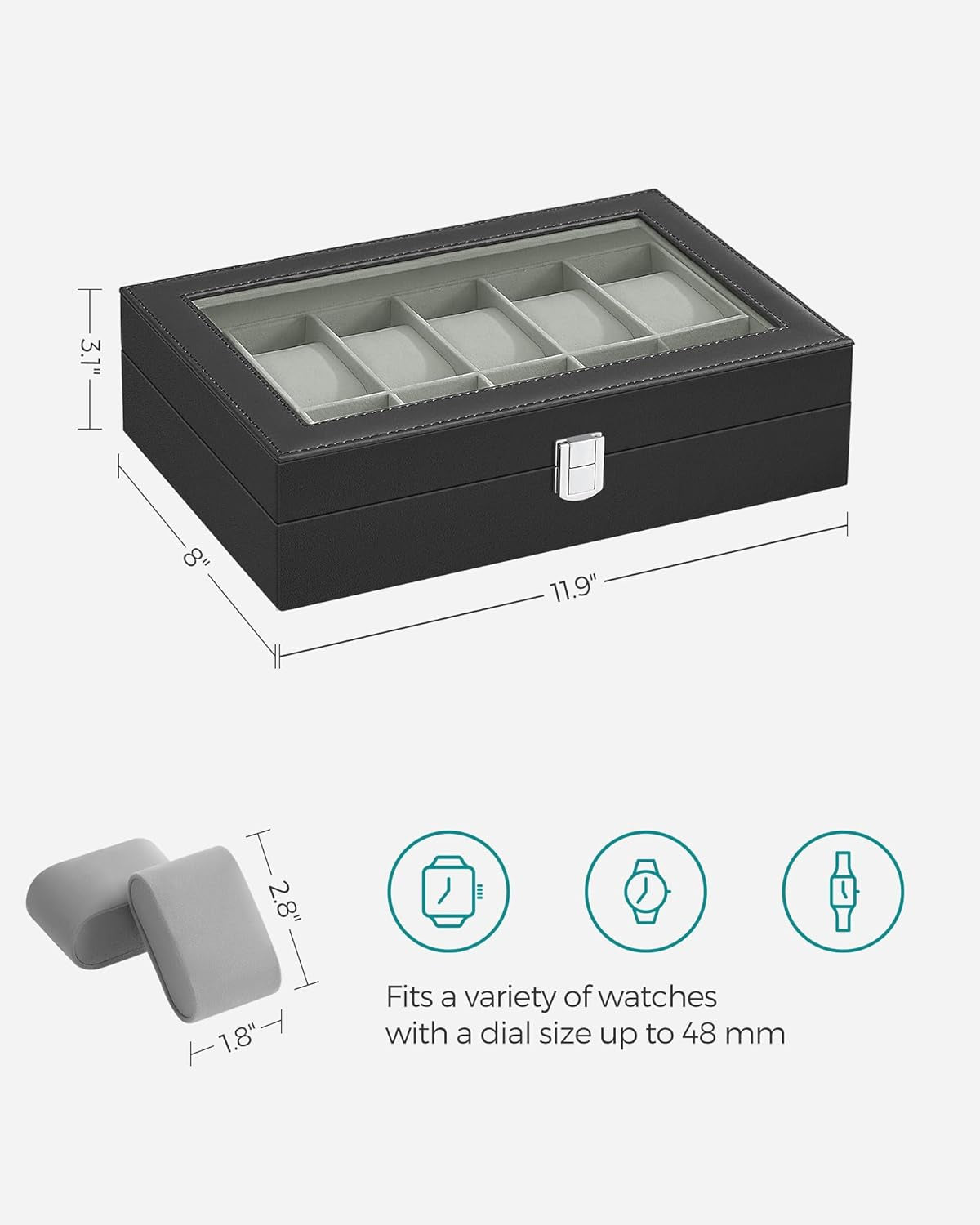 Watch Box, 12-Slot Watch Case Organizer with Large Glass Lid, Removable Pillows, Gift for Loved Ones, Black Synthetic Leather, Gray Lining UJWB12BK