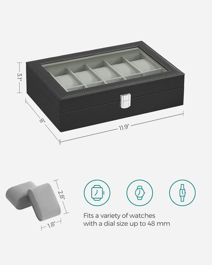 Watch Box, 12-Slot Watch Case Organizer with Large Glass Lid, Removable Pillows, Gift for Loved Ones, Black Synthetic Leather, Gray Lining UJWB12BK