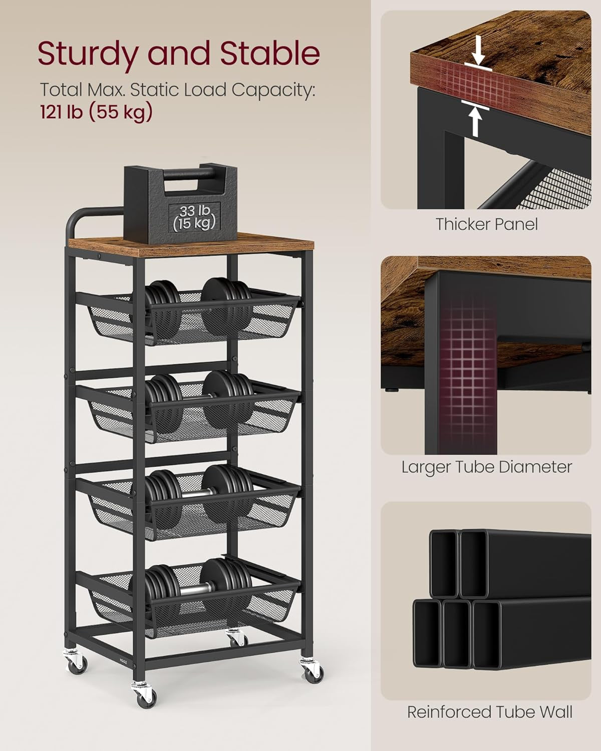 Storage Cart with Pull-Out Baskets, 5-Tier Kitchen Cart with Wheels, Handle, 12.5 X 15.8 X 37.4 Inches, Rustic Brown and Ink Black ULRC041K01