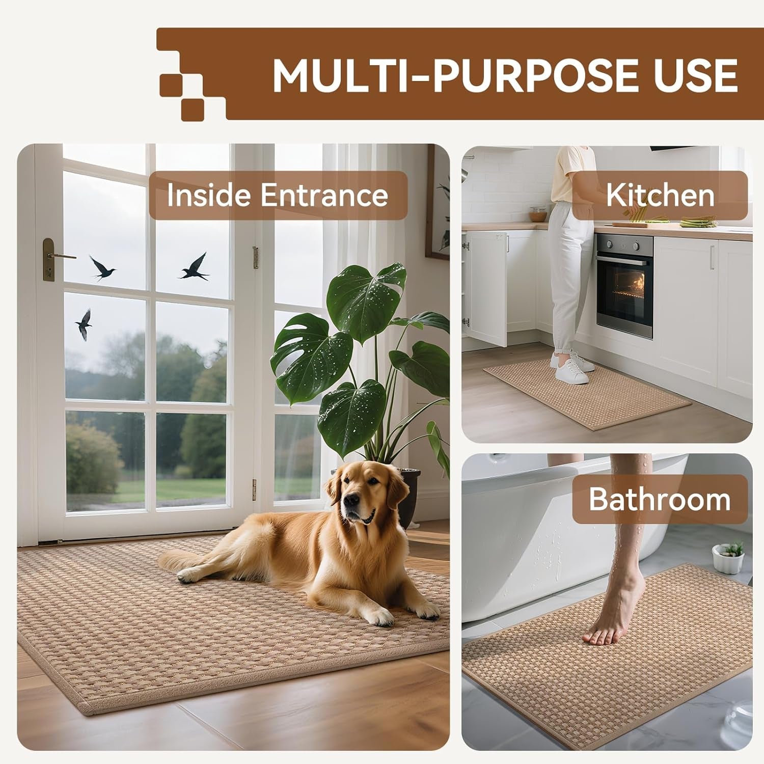 Front Door Mat 17''X30'', Absorbent Muddy Dirt Resist Washable Non Slip Low-Profile Indoor Doormat, Entryway Welcome Door Mats, Brown