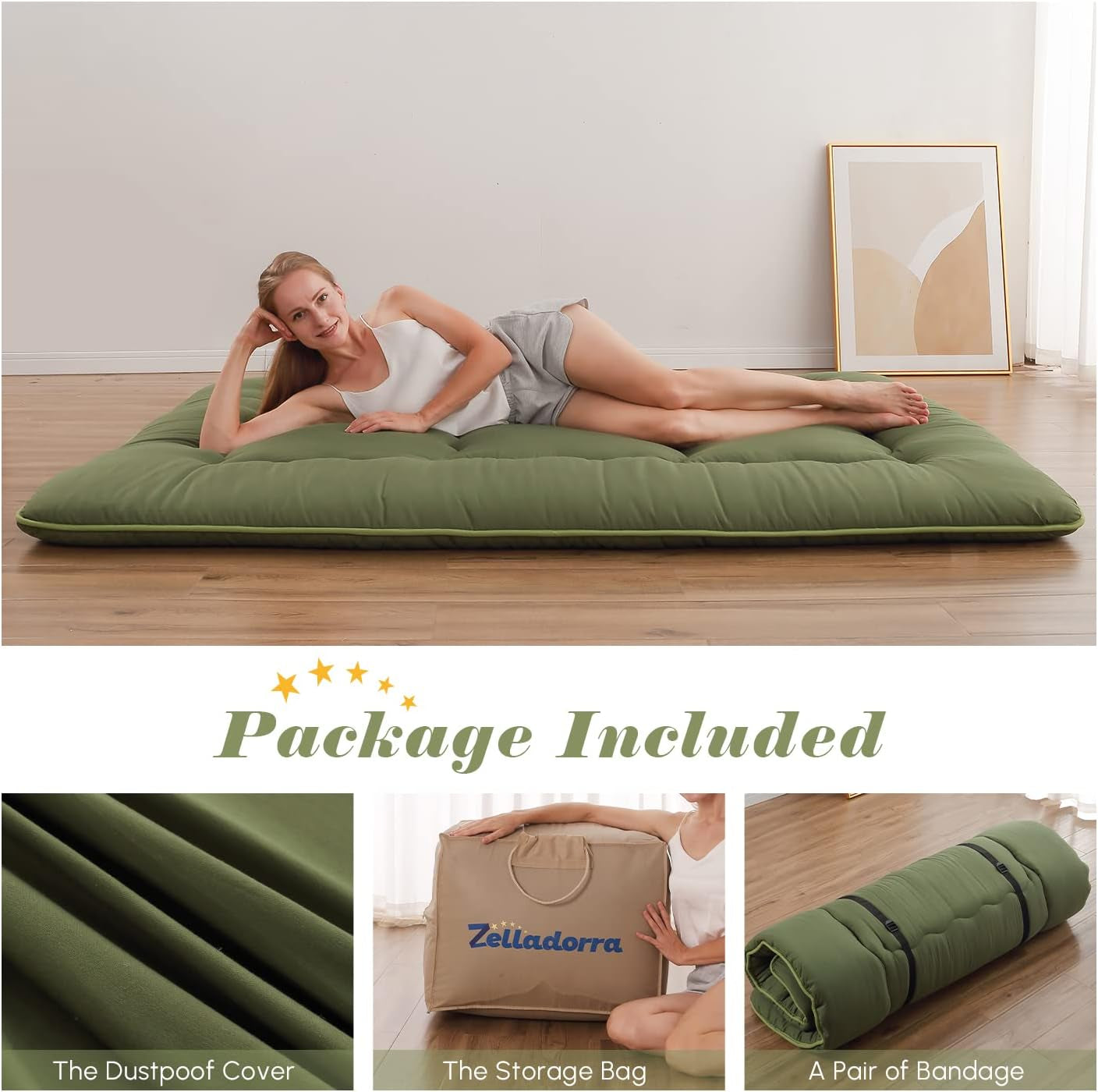 Japanese Floor Mattress, Futon Mattress with Portable Storage Bag and Washable Cover, Roll up Thick Tatami Mat Suitable for Camping, Guest Room, Green, Twin