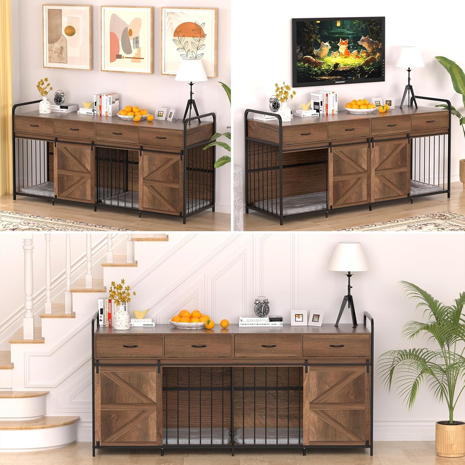 78.7 Inch Large Dog Crate Furniture for 2 Dogs Extra Large Dog Kennel Heavy Duty Wood Dog Crate Double Dog Crates Furniture TV Stand (Yellowish Browm)