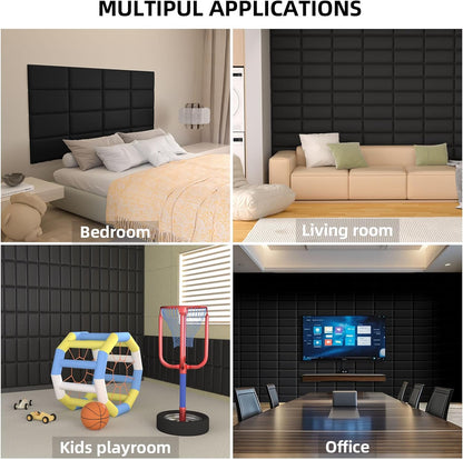 Upholstered Headboard Panels, 4 Panels Sized 7.8" X 15.7" Peel and Stick Padded Wall Panels for Kids, 3D Anti-Collision Wall Mounted Bed Headboard for Full, Black