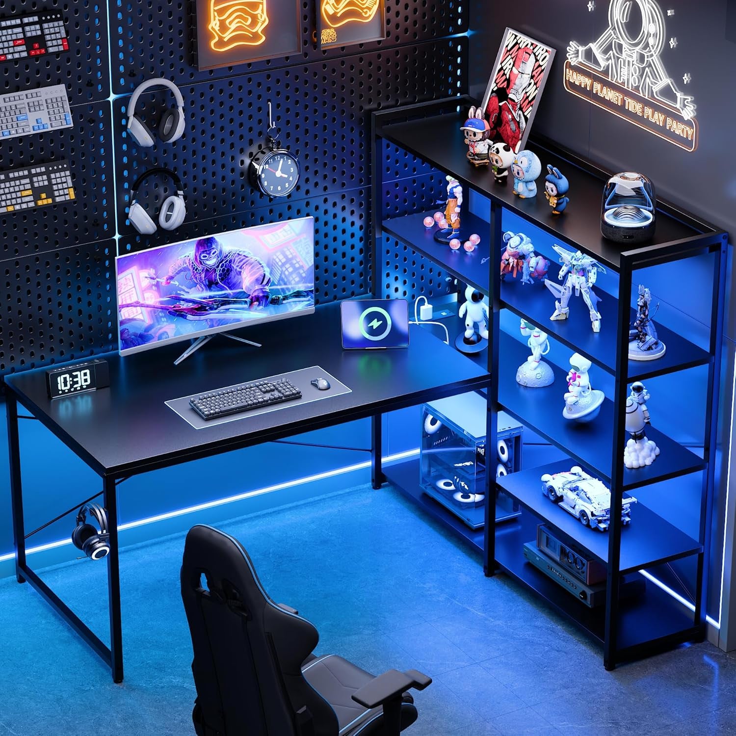 L Shaped Computer Desk with Reversible Side Storage Shelves, 49 Inch Gaming Desk with Power Outlets and Led Lights, PC Table for Home Office and Bedroom Black