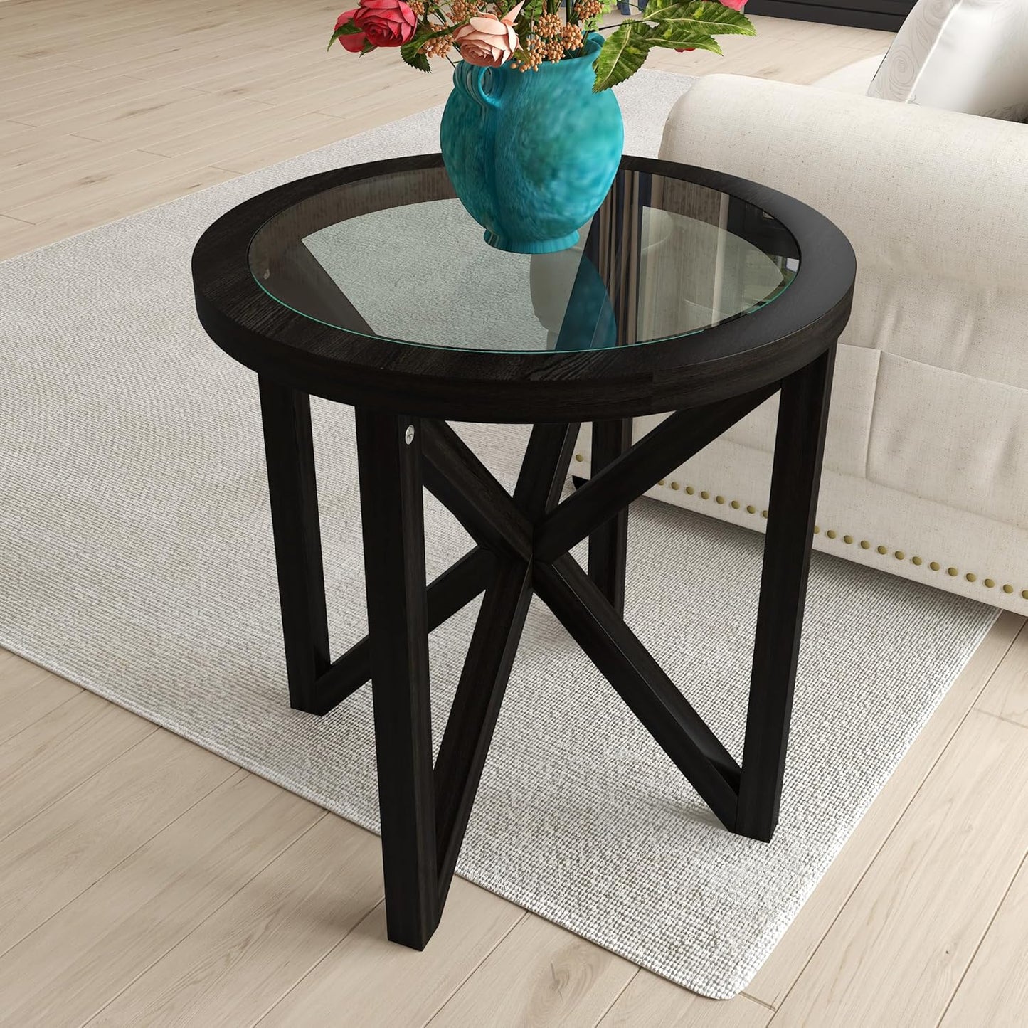 Modern Black Tempered Glass Side Table,Round End Table with Tempered Glass Top and Solid Wood Base.Simple & Modern round Table,Small Glass Tea Table for Living Room,Apartment,22.13In(Black)