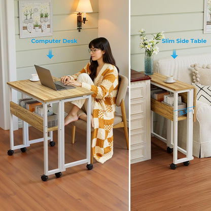 Folding Desk Small Rolling Desk with Storage Shelf,24.8 Inch Foldable Computer Desk with Wheels for Small Space,Easy Assembly,Oak