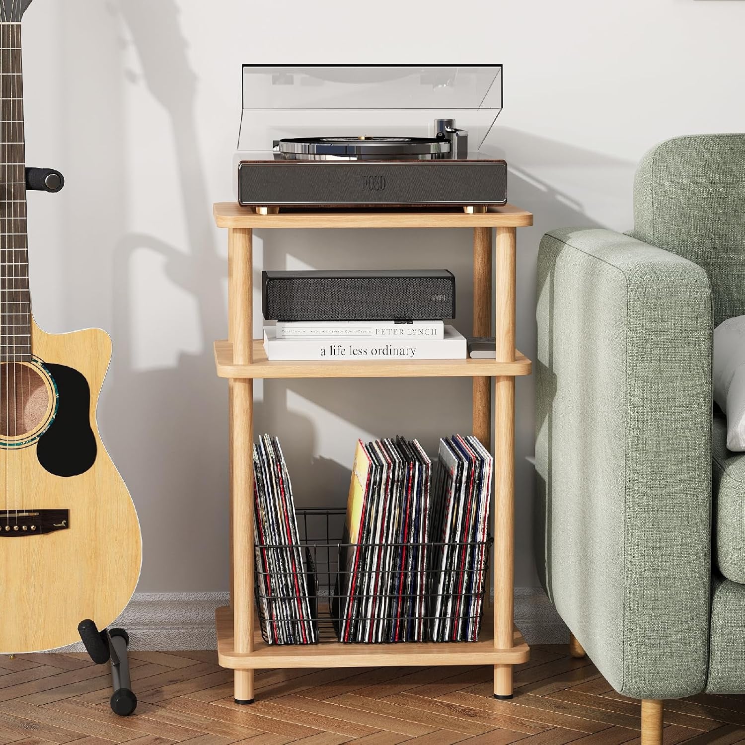 3 Tier End Table, Record Player Stand with Storage Shelf, Wooden Vinyl Record, Nightstand Bedside Table for Small Spaces, Bedroom, Living Room, Easy Assembly, Natural