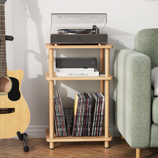 3 Tier End Table, Record Player Stand with Storage Shelf, Wooden Vinyl Record, Nightstand Bedside Table for Small Spaces, Bedroom, Living Room, Easy Assembly, Natural