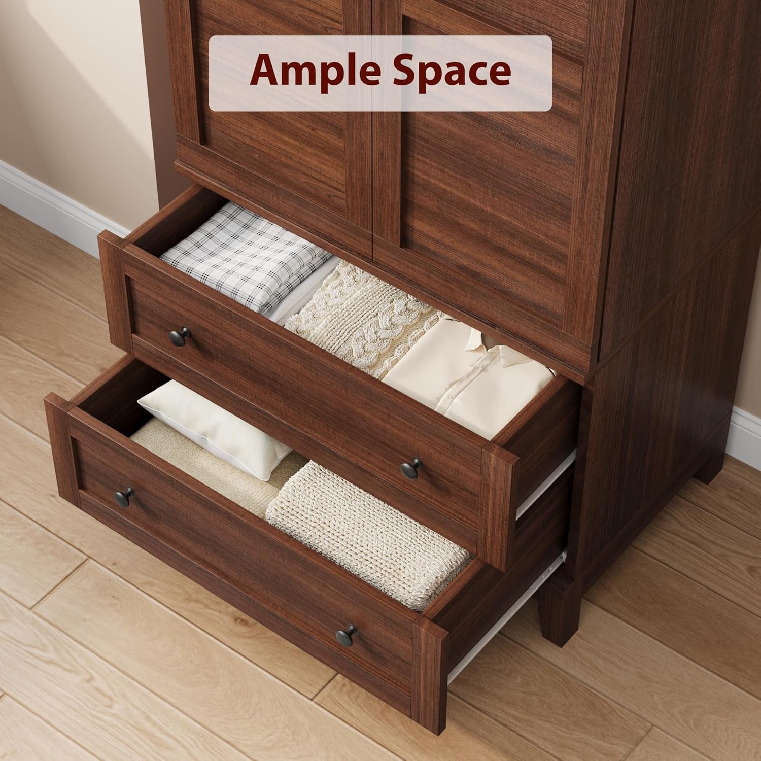 Armoire Wardrobe Closet with 2 Drawers,72 in Wooden Wardrobe Cabinet with Hanging Rod, Tall Clothing Armoire Cabinet with Doors and 18 Adjustable Shelves for Bedroom, Clothes,Walunt Brown