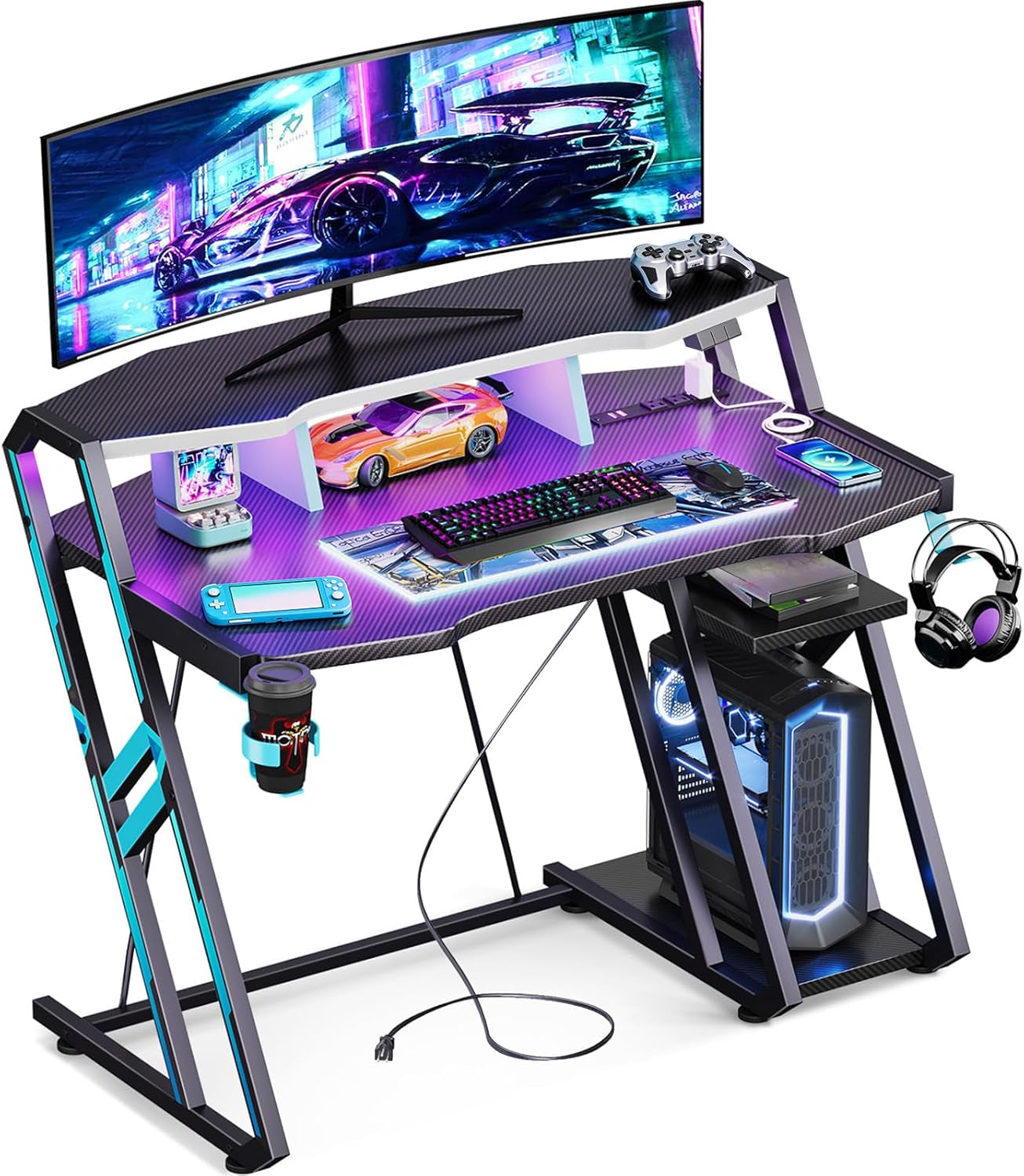 Gaming Desk with Power Outlet & LED Lights, Computer Desk 40 Inch with PC Storage Shelf, Gaming Table with Carbon Fiber Texture, Gamer Desk, Gift for Boys Men, Black