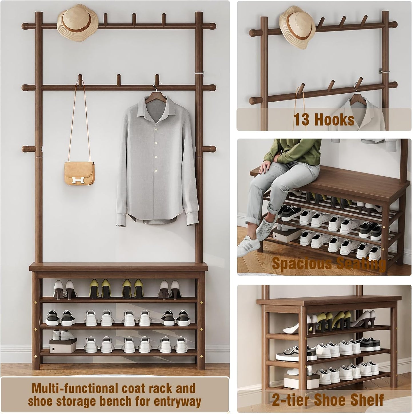 Bamboo Hall Tree with 13 Hook, 6-In-1 Entryway Bench with Coat Rack Freestanding, Coat Rack with Shoe Storage Bench Organizer for Mudroom, Bedroom, All-In-One Shoe Rack,Walnut