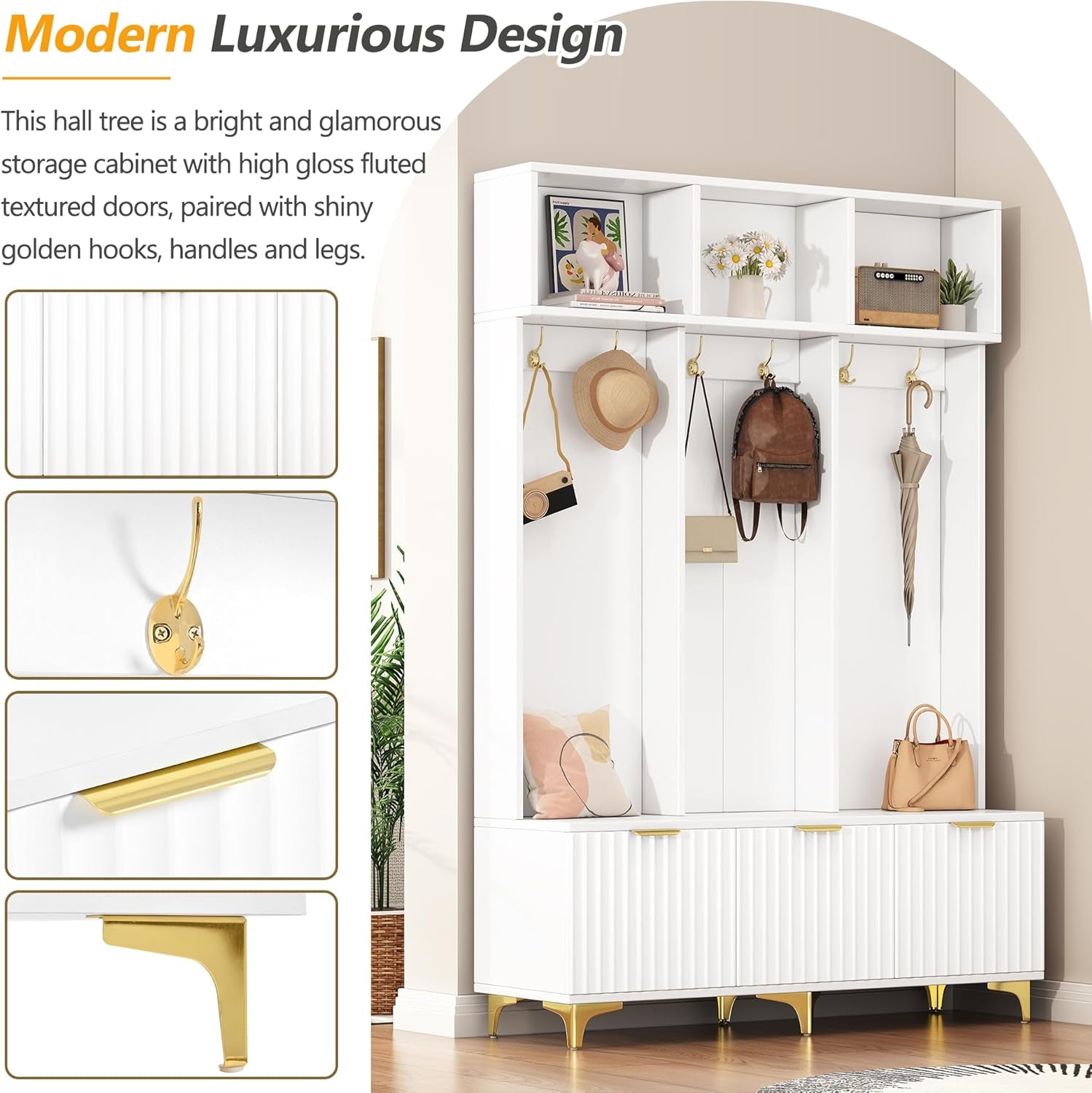 49.6" Hall Tree with Bench and Shoe Storage,Modern Entryway Cabinet with High Gloss Fluted Doors & Open Shelves,5-In-1 Coat Rack W/ 6 Gold Hooks and Legs for Hallway,White