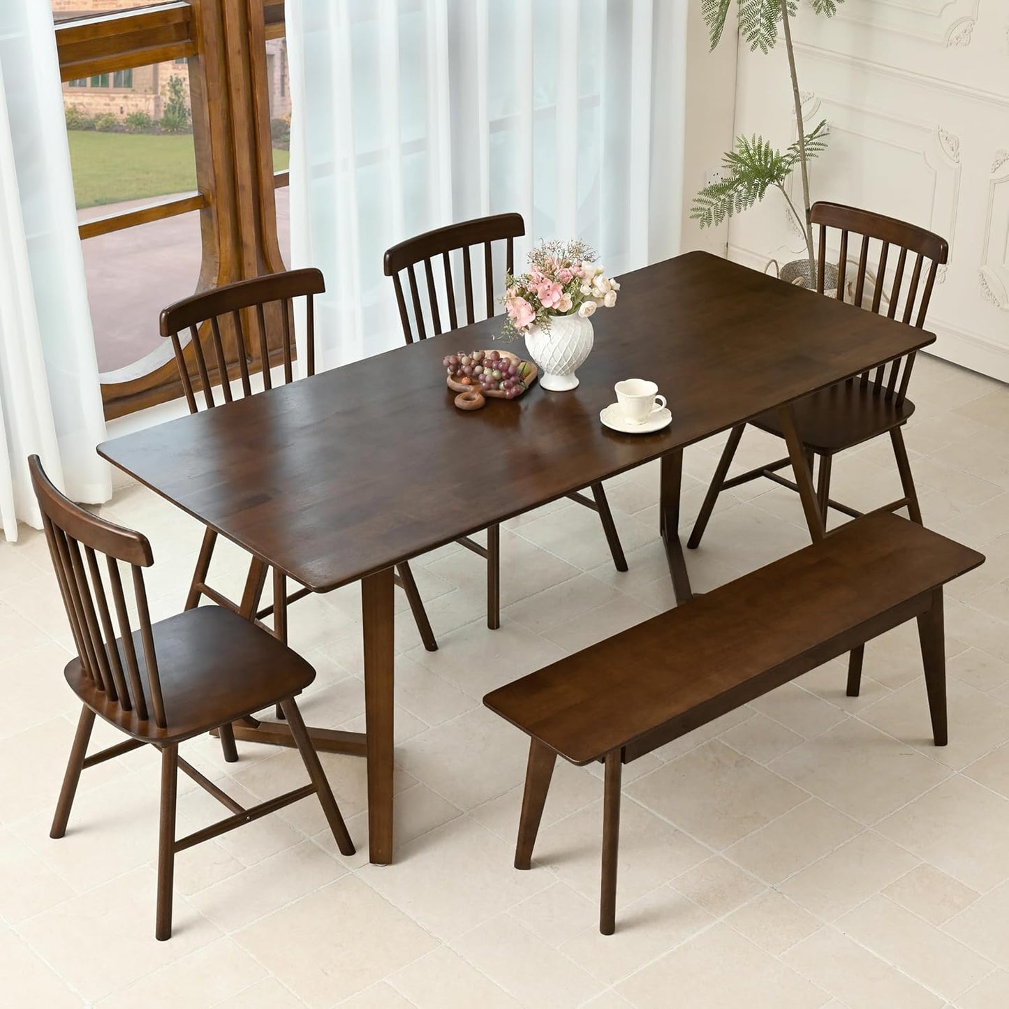 47 Inch Solid Wood Dining Bench, Table Bench for Bedroom, Midcentury Wooden Bench for Kitchen, Long Entryway Bench for Living Room, Walnut