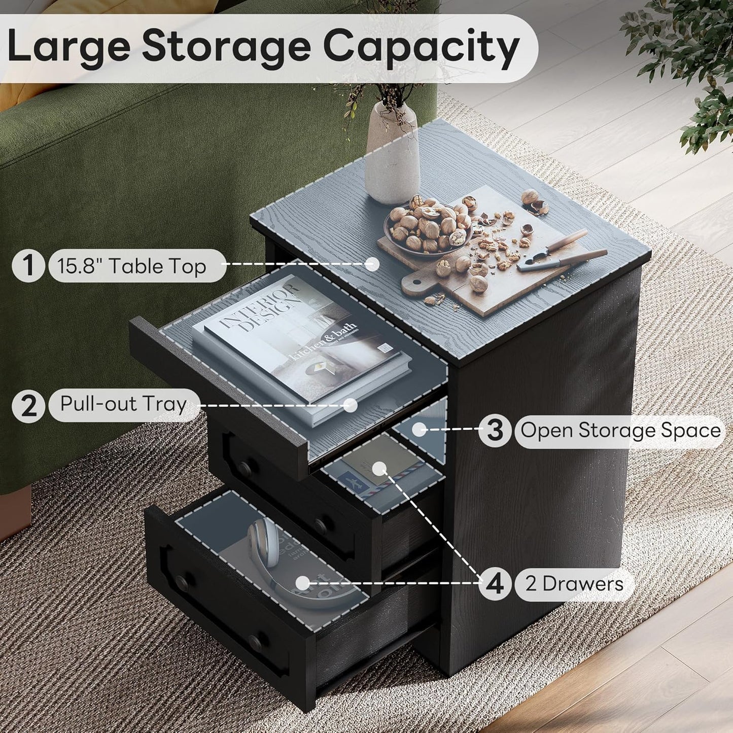 Night Stand, Modern Bedside Table with 2 Drawers, Open Shelf, End Table with Pull-Out Tray, Wood Sidetable, Black