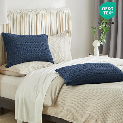 100% Cotton Waffle Pillow Shams King Size, 2 Pack 20" X 36" Soft Skin-Friendly Pillowcases, No Filling, Aesthetic Woven and Breathable Waffle Weave Pillow Case Covers for Bed, Blue Sapphire