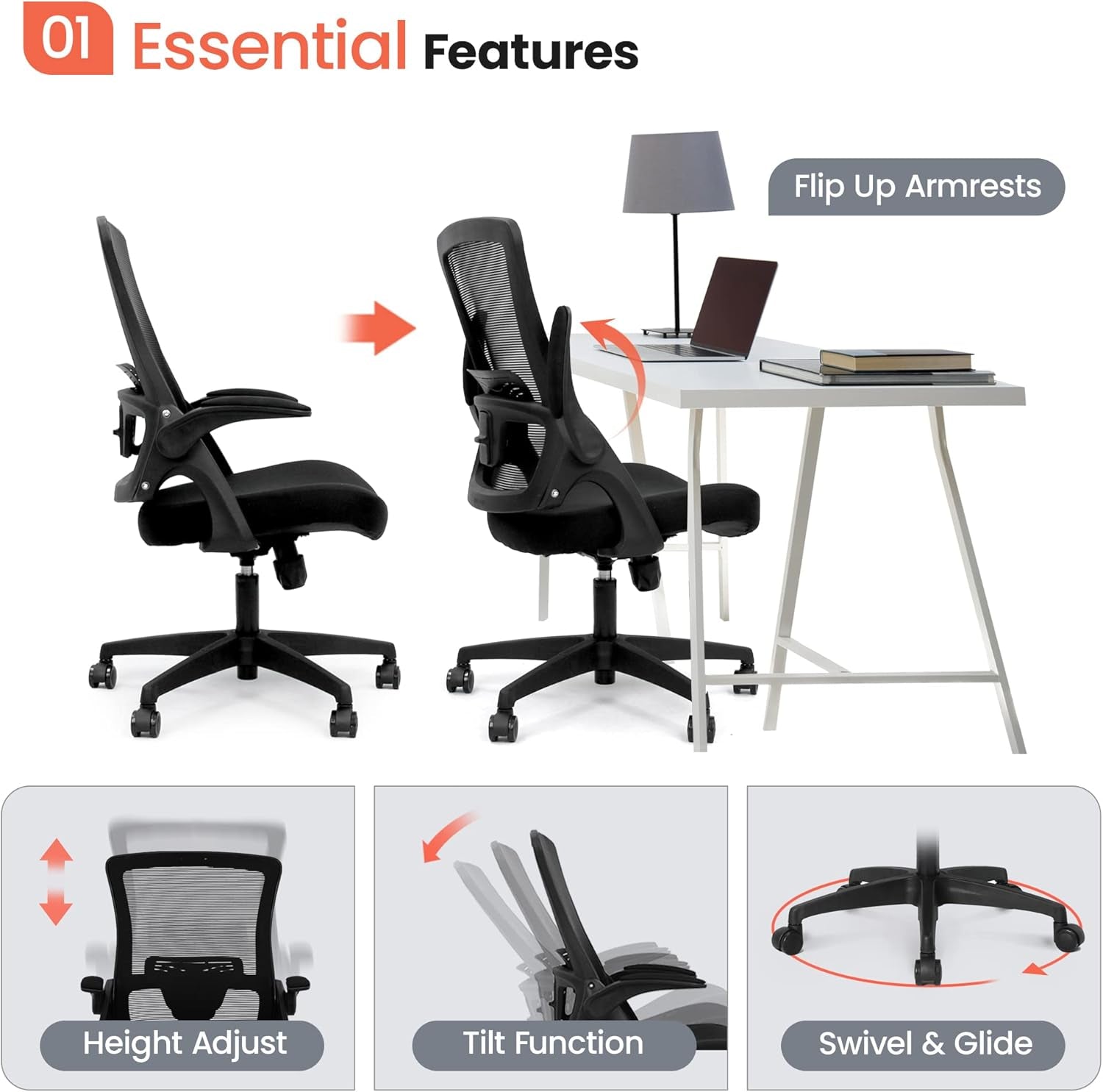 Office Desk Chair Computer High Back Mesh Gaming Seat with Ergonomic Adjustable Comfy Flip-Up Armrests Lumbar Support Height for Home (Black)