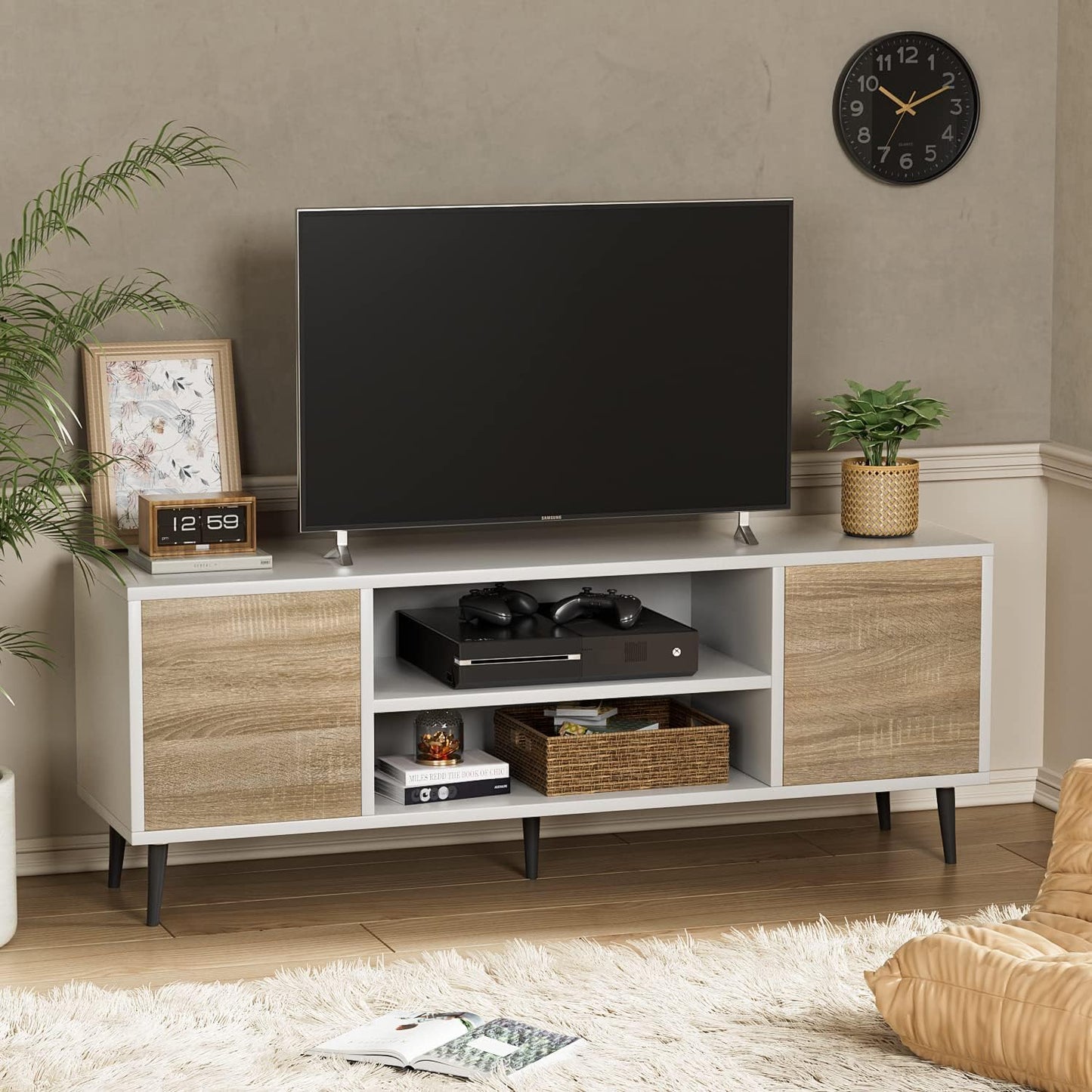 Modern TV Stand for 65" Television, Entertainment Center with Two Storage Cabinets, Retro Style Media Console for Living Room, Bedroom, Office, 58 Inch, White and Coffee