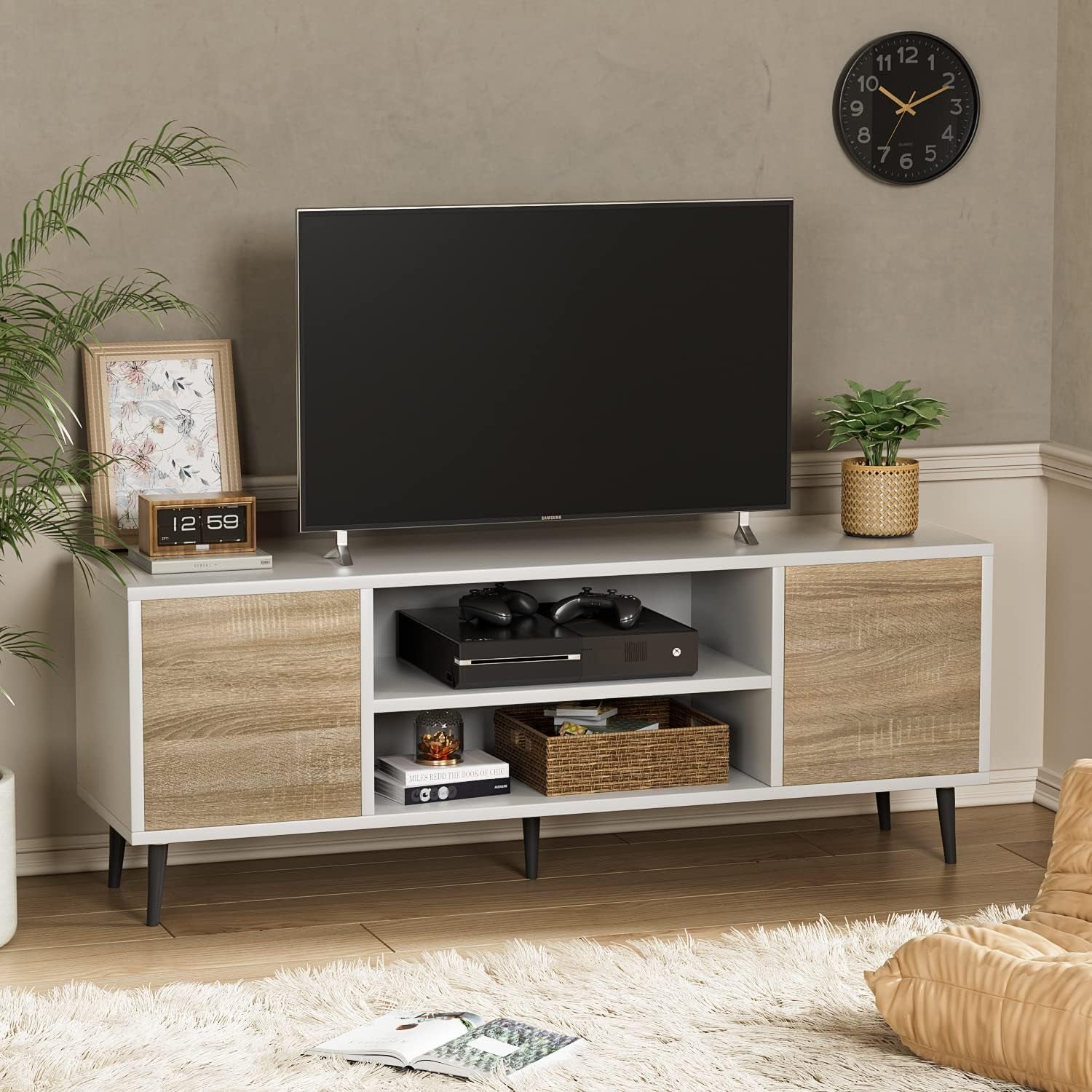 Modern TV Stand for 65" Television, Entertainment Center with Two Storage Cabinets, Retro Style Media Console for Living Room, Bedroom, Office, 58 Inch, White and Coffee