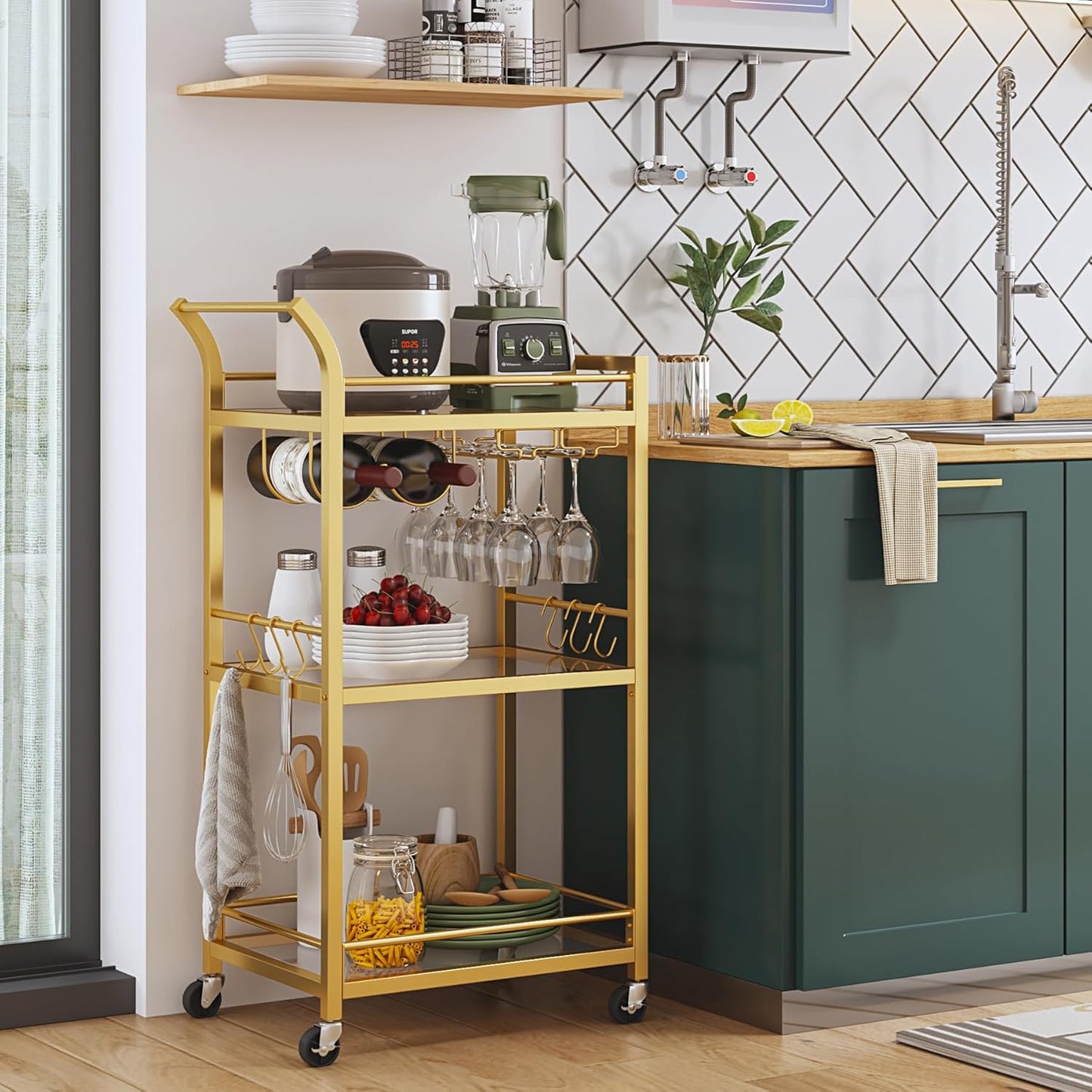 Bar Cart, Home Bar Serving Cart with 3-Tier Mirrored Shelf, Wine Cart, Mobile Kitchen Shelf, Gold BC01BB034