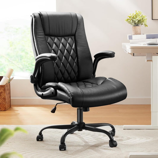 Executive Office Chair with Flip-Up Armrests,Pu Leather Ergonomic Desk Chair Height-Adjustable Swivel Rolling Computer Desk Chair,Black