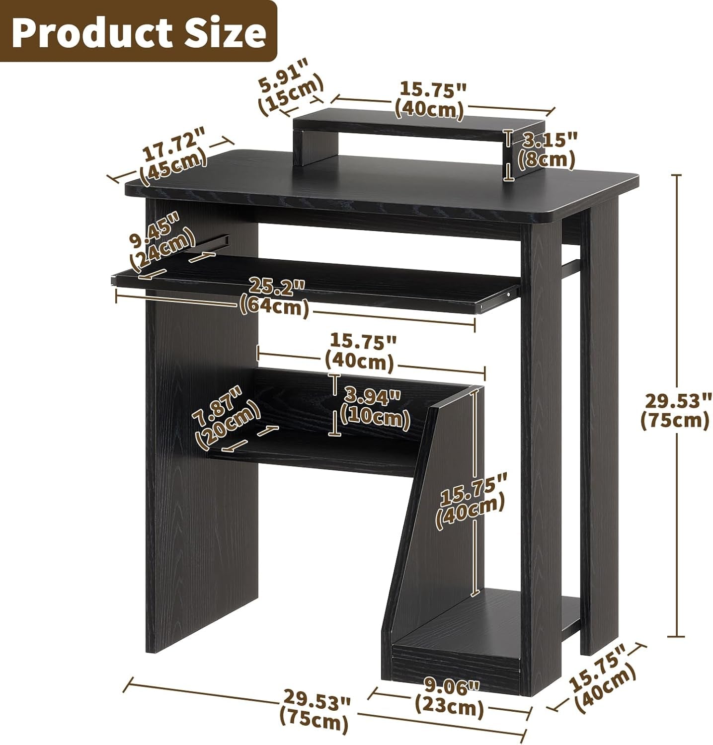 30" Small Computer Desk with Keyboard Tray Monitor Stand, Study Writing Desk with Storage Shelves, Modern Workstation for Small Spaces, save Space, Black A