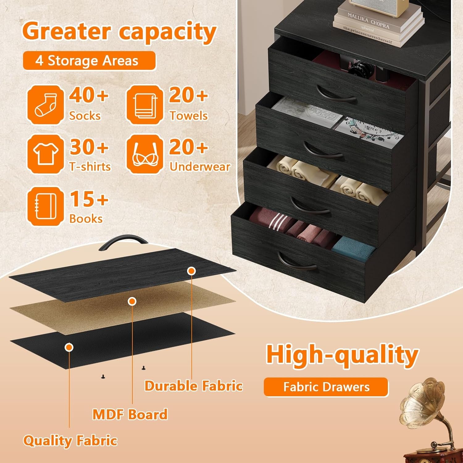 Tall Nightstand with Charging Station, Night Stands with LED Lights and Storage Shelves, Bed Side Table for Bedroom, Hallway, Office, 4 Fabric Drawers (Black Oak)