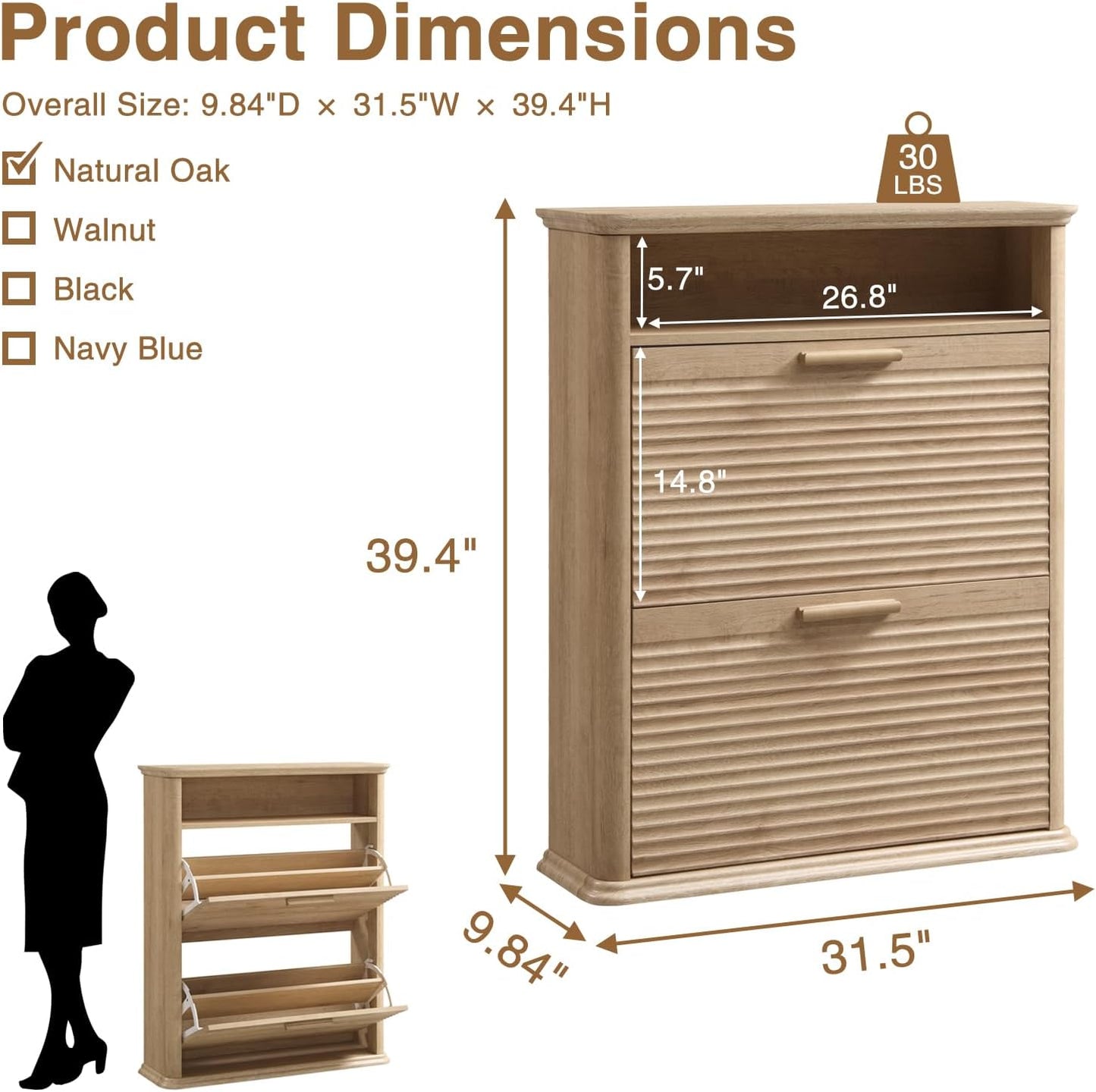 Fluted Narrow Shoe Cabinet with 2 Flip Drawers, Modern Shoe Storage Cabinet with Open Storage & Curved Profile Design, Wood Shoes Rack for Entryway, Hallway, Foyer, Oak