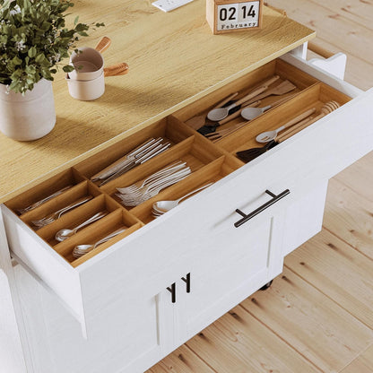 Kitchen Island with Storage, Rolling Kitchen Island on Wheels with Drop Leaf, 3 Open Spice Rack Shelf, Door Cabinet, Drawer, Kitchen Cart Island Table for Kitchen, White